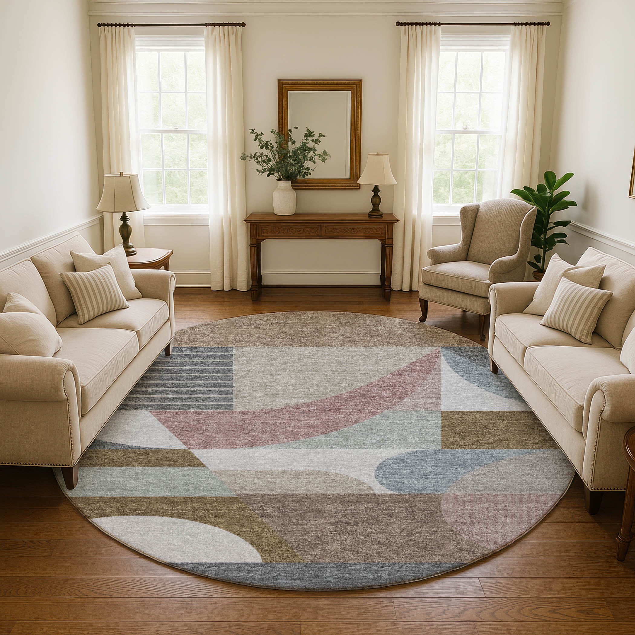 Zanzibar Machine Washable Transitional Mocha Brown Rug 8' x 8' #shape_Round