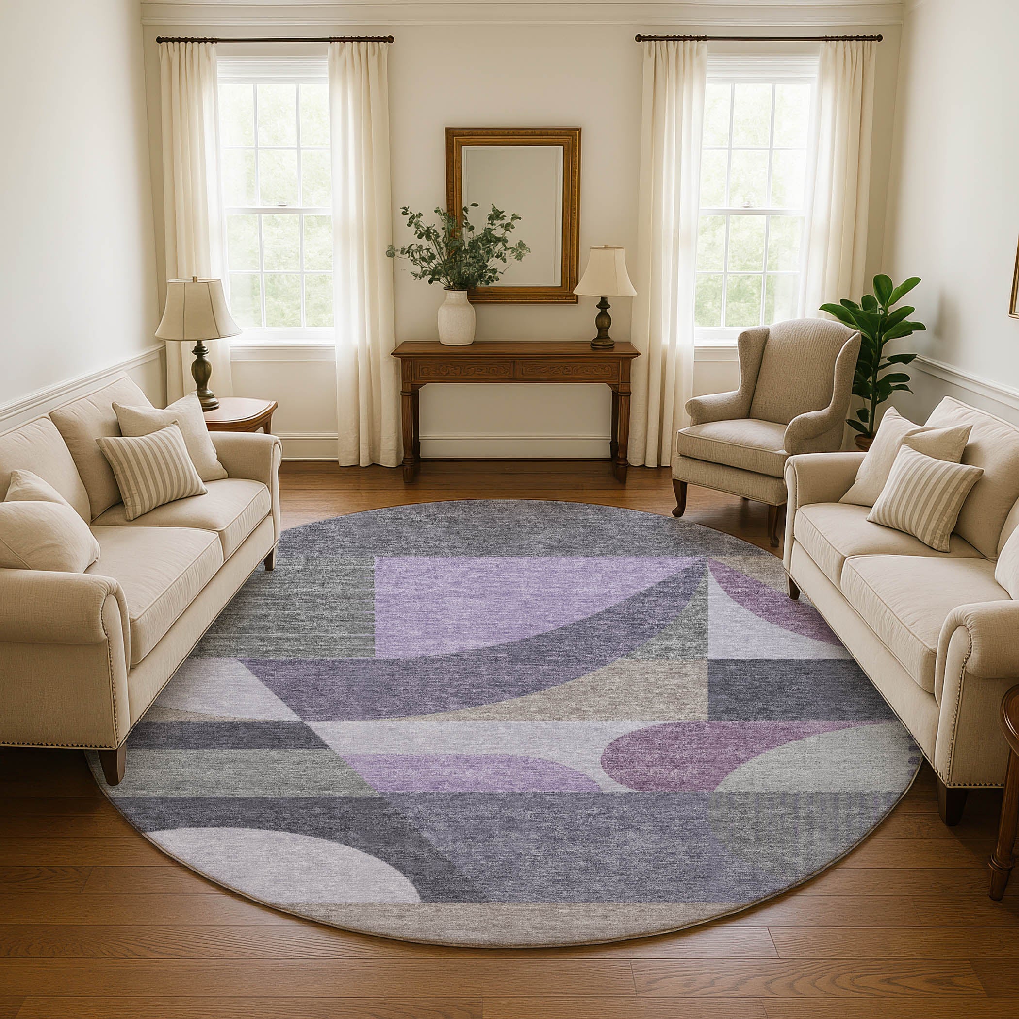 Zanzibar Machine Washable Transitional Purple Rug 8' x 8' #shape_Round
