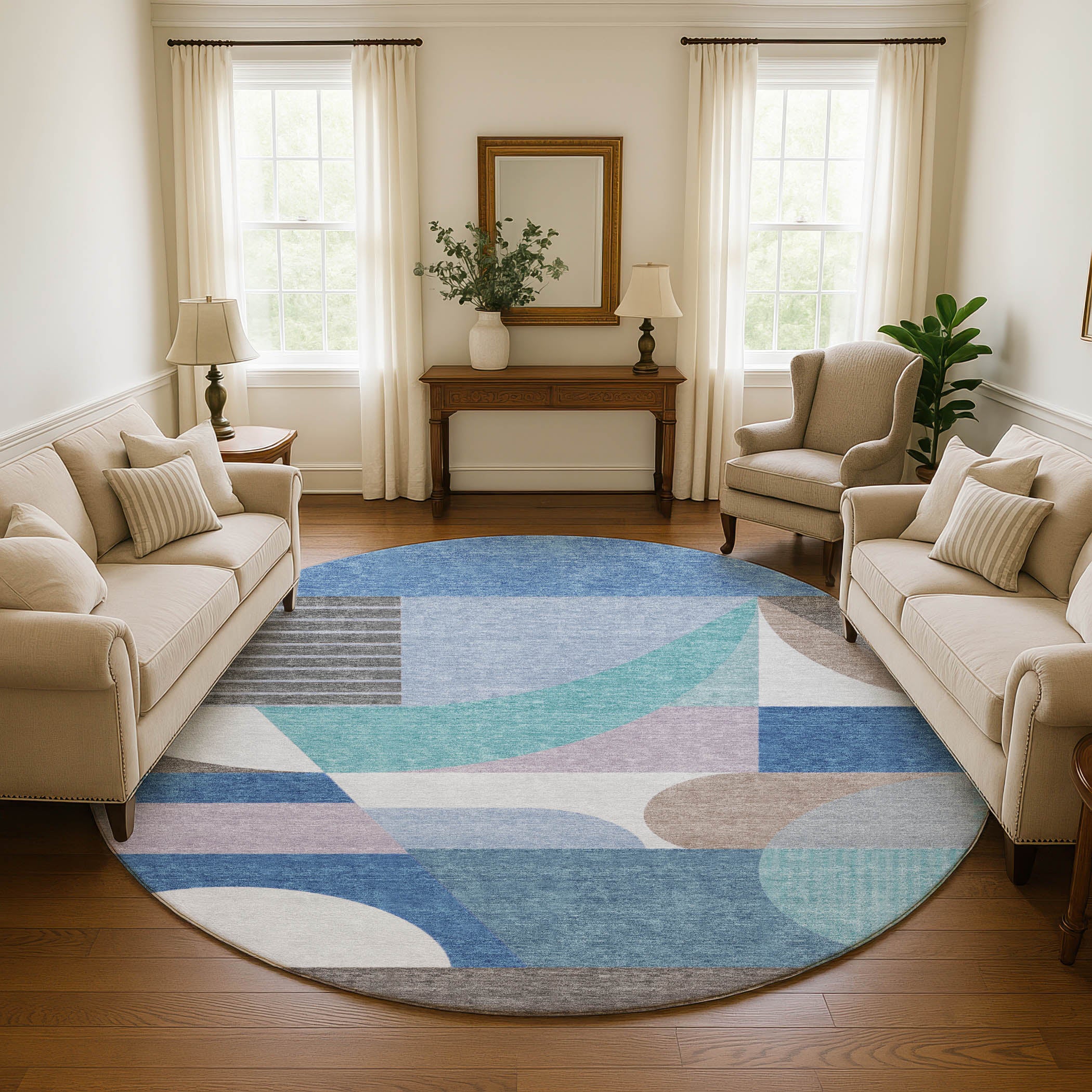 Zanzibar Machine Washable Transitional Sky Blue Rug 8' x 8' #shape_Round