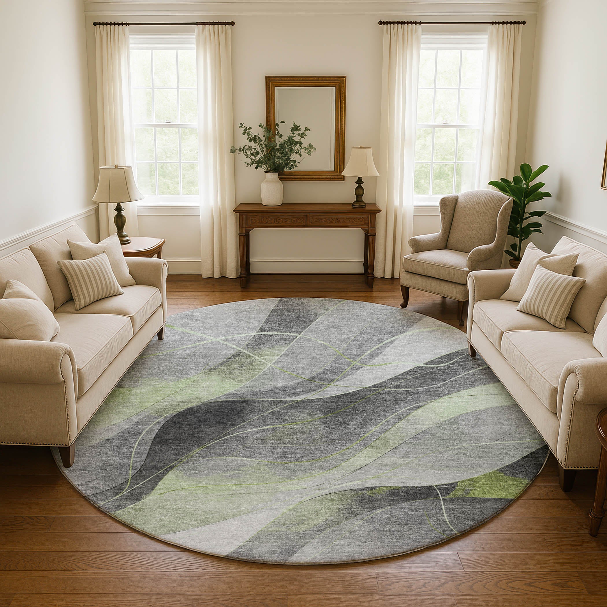 Havana Machine Washable Transitional Aloe Green Rug 8' x 8' #shape_Round