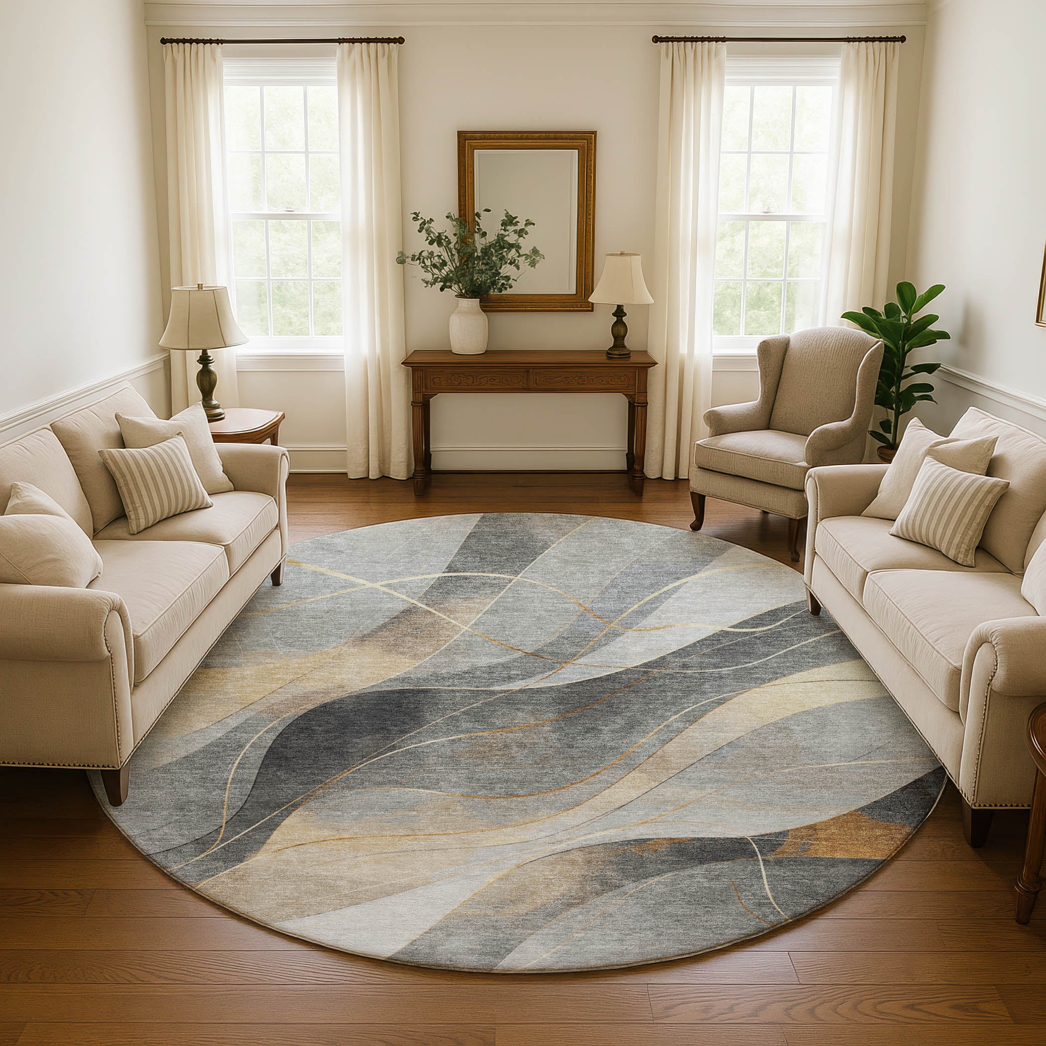 Havana Machine Washable Transitional Gray Rug 8' x 8' #shape_Round