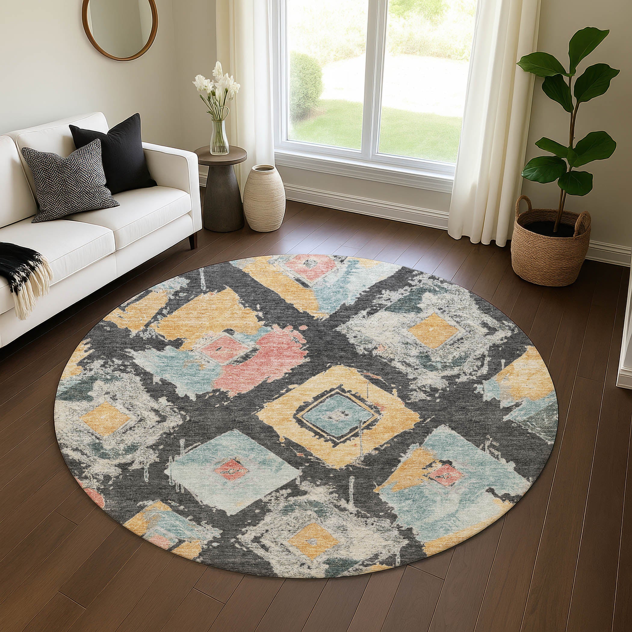 Montevideo Machine Washable Transitional Charcoal Gray Rug 8' x 8' #shape_Round