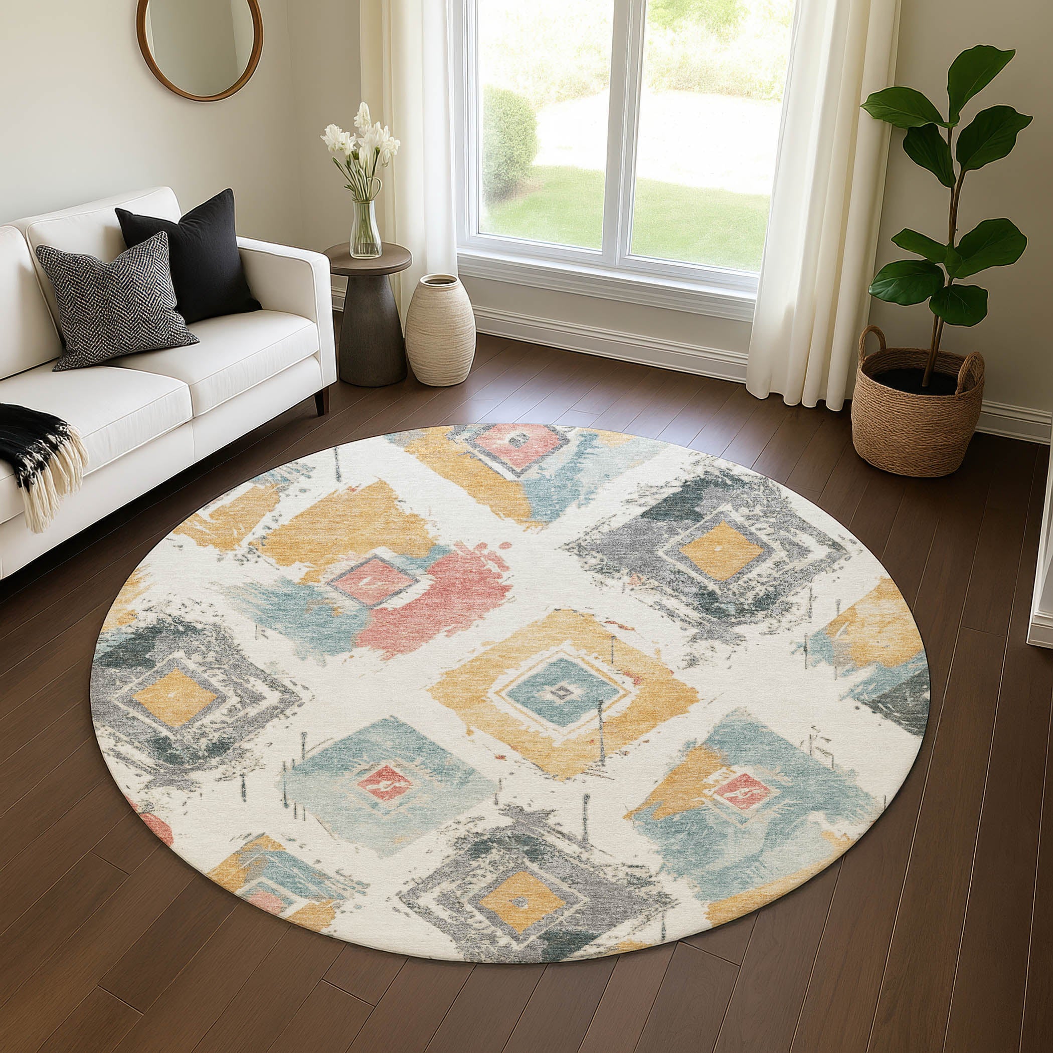 Montevideo Machine Washable Transitional Ivory Rug 8' x 8' #shape_Round
