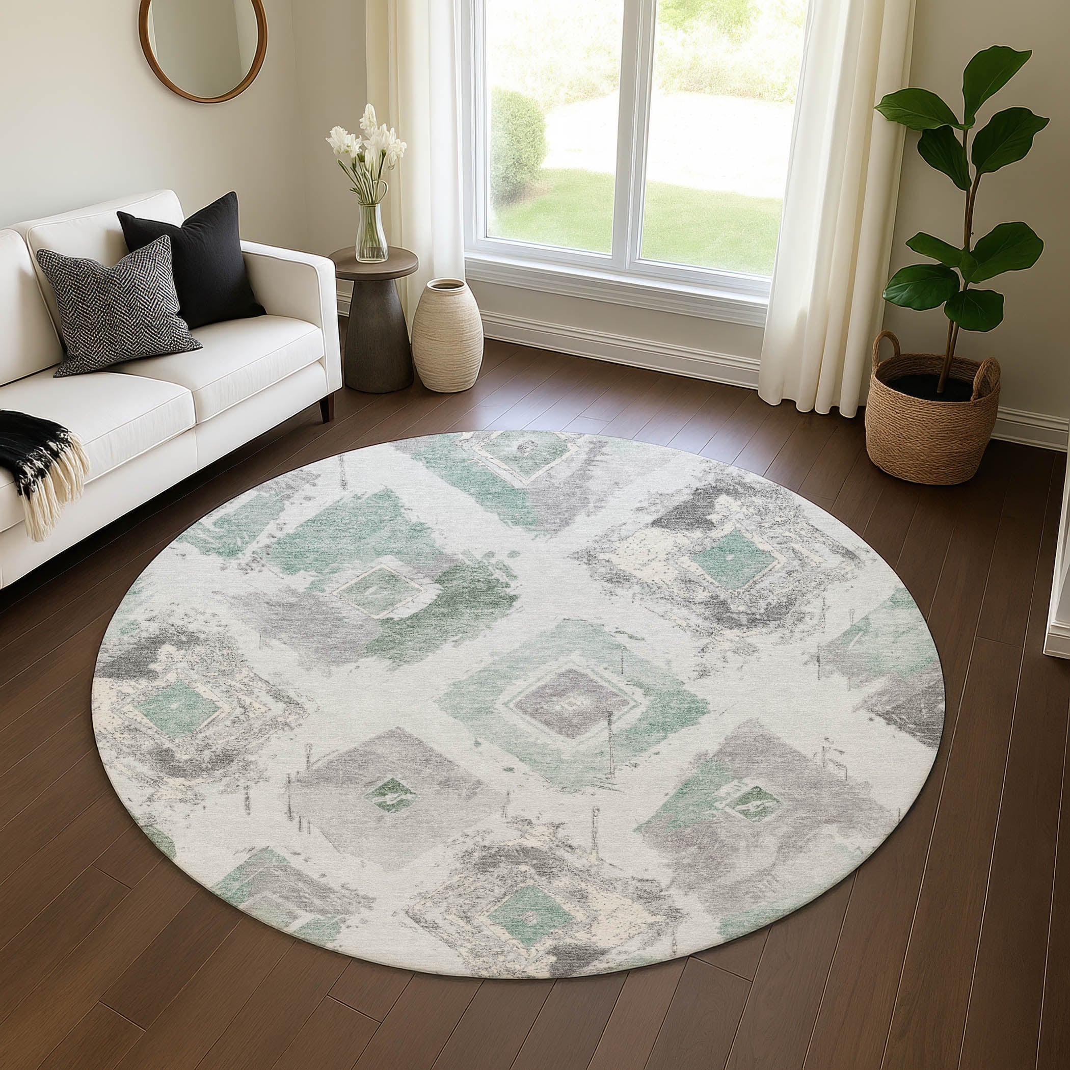 Montevideo Machine Washable Transitional Seafoam Blue Rug 8' x 8' #shape_Round