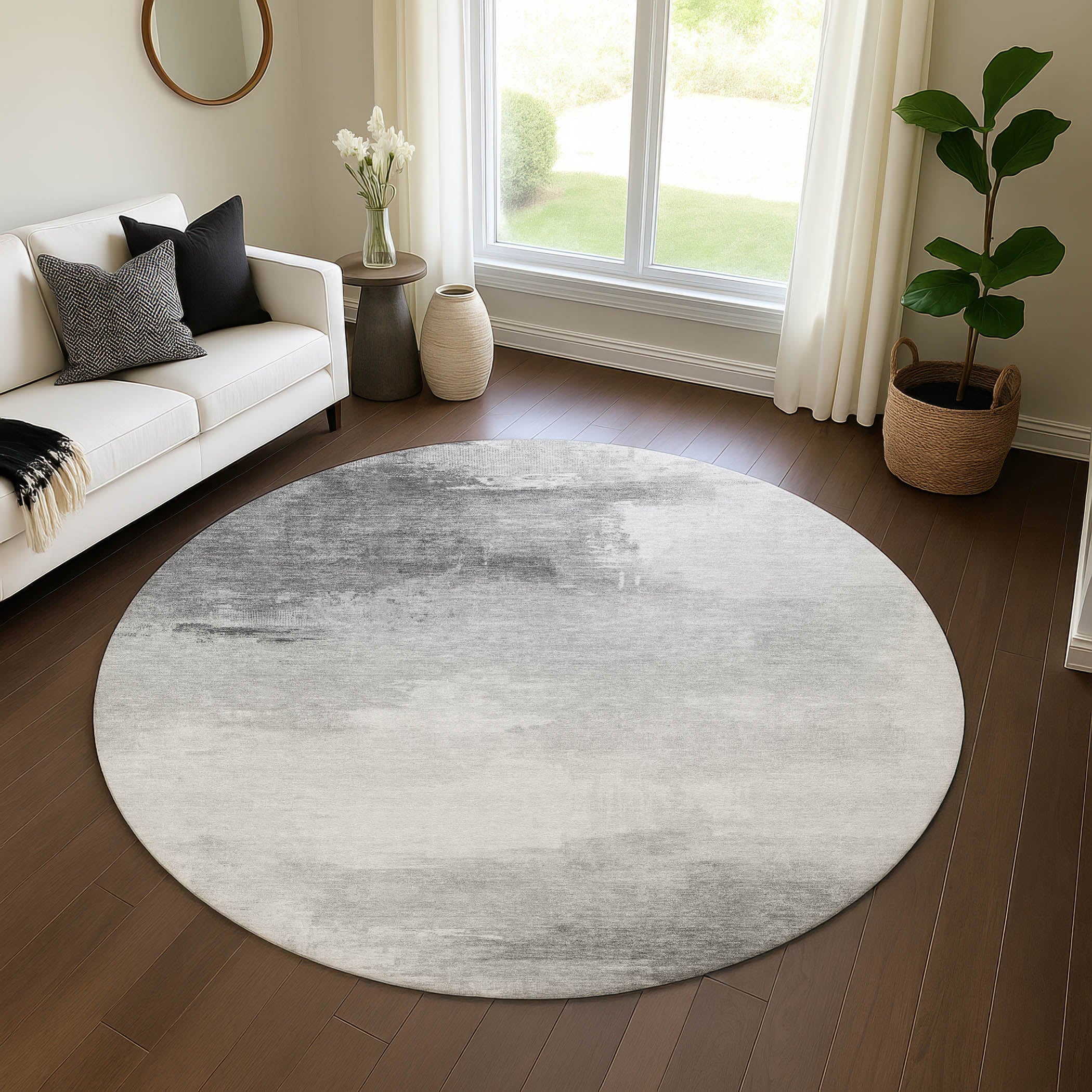 Oslo Machine Washable Transitional Gray Rug 8' x 8' #shape_Round
