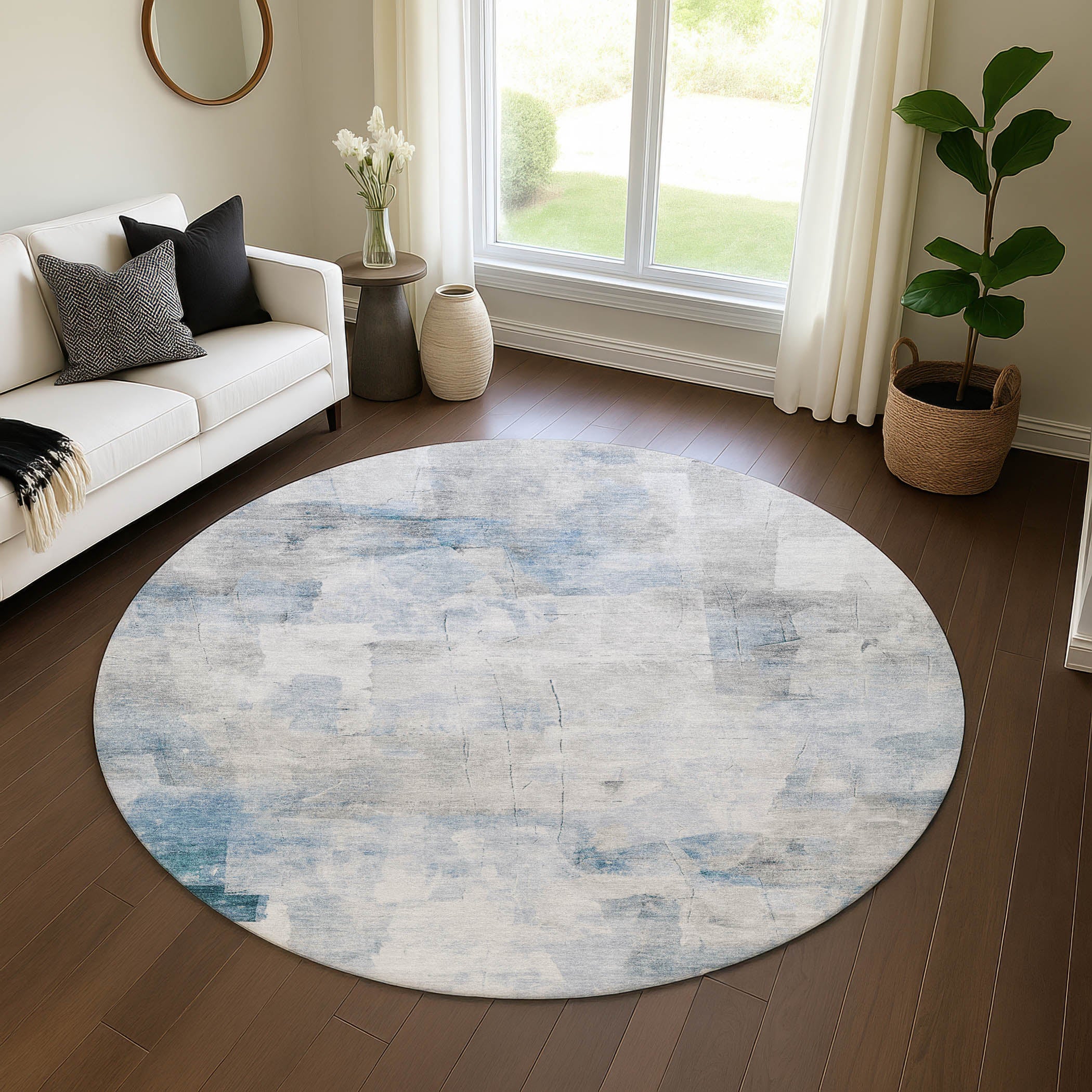 Antigua Machine Washable Transitional Denim Blue Rug 8' x 8' #shape_Round