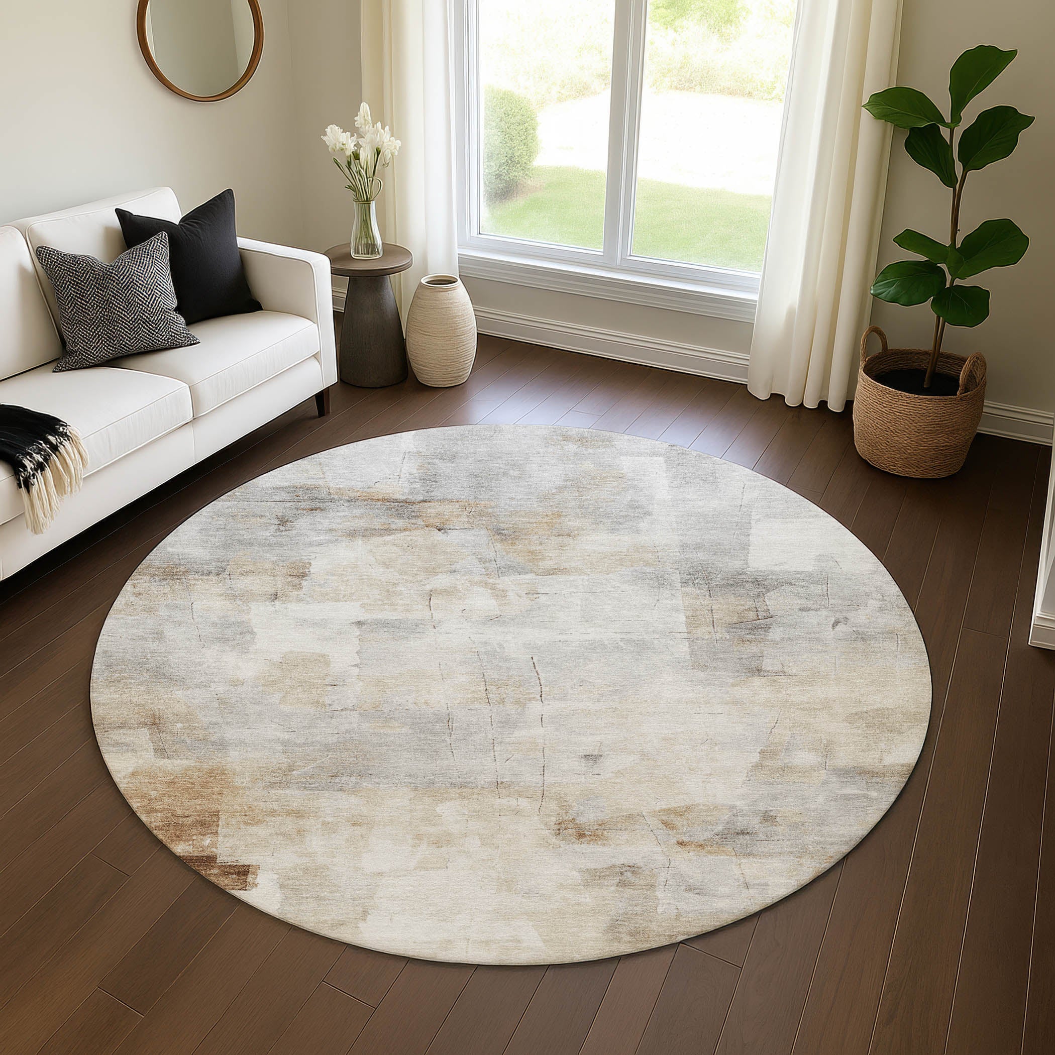 Antigua Machine Washable Transitional Linen Ivory Rug 8' x 8' #shape_Round