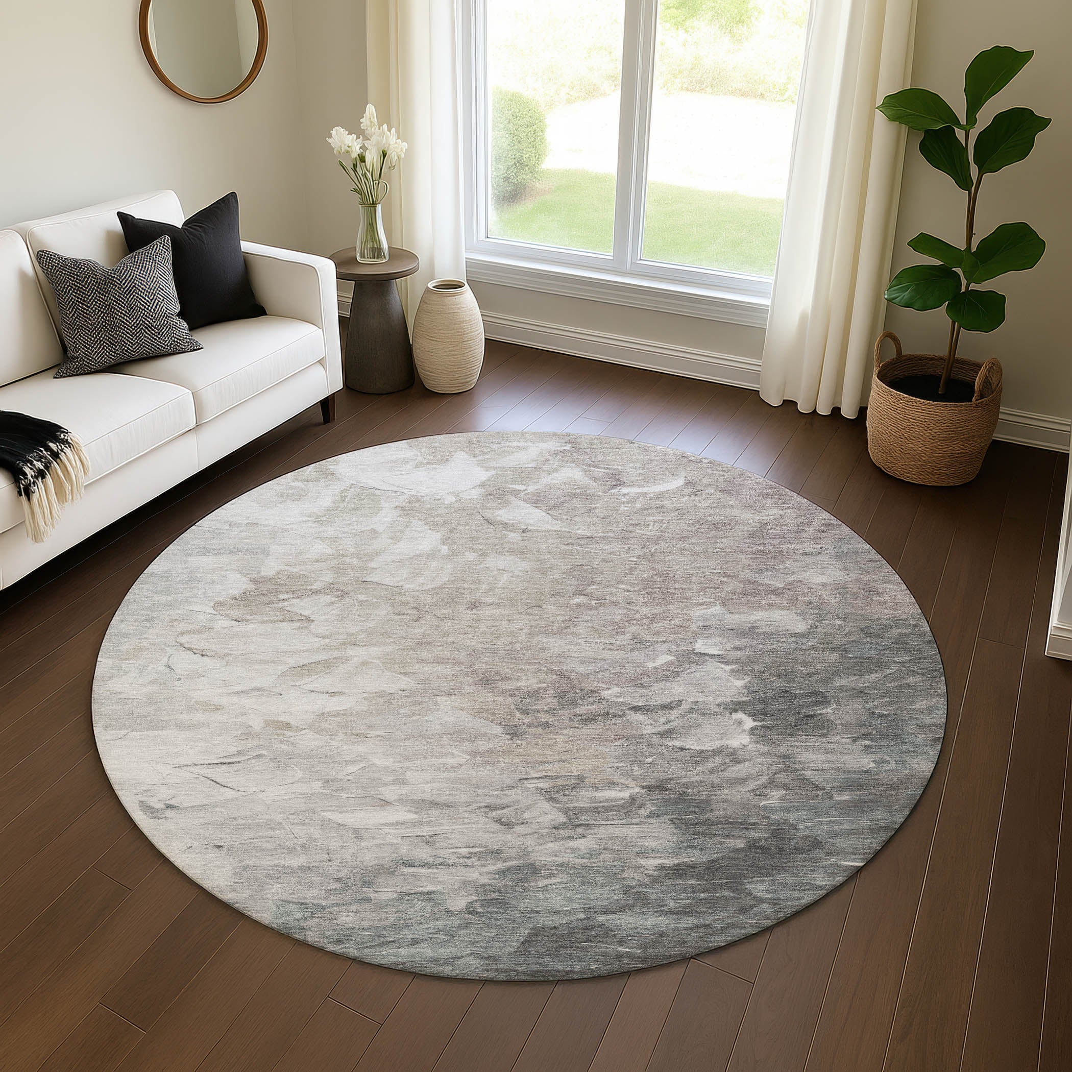 Lima Machine Washable Transitional Taupe Brown Rug 8' x 8' #shape_Round