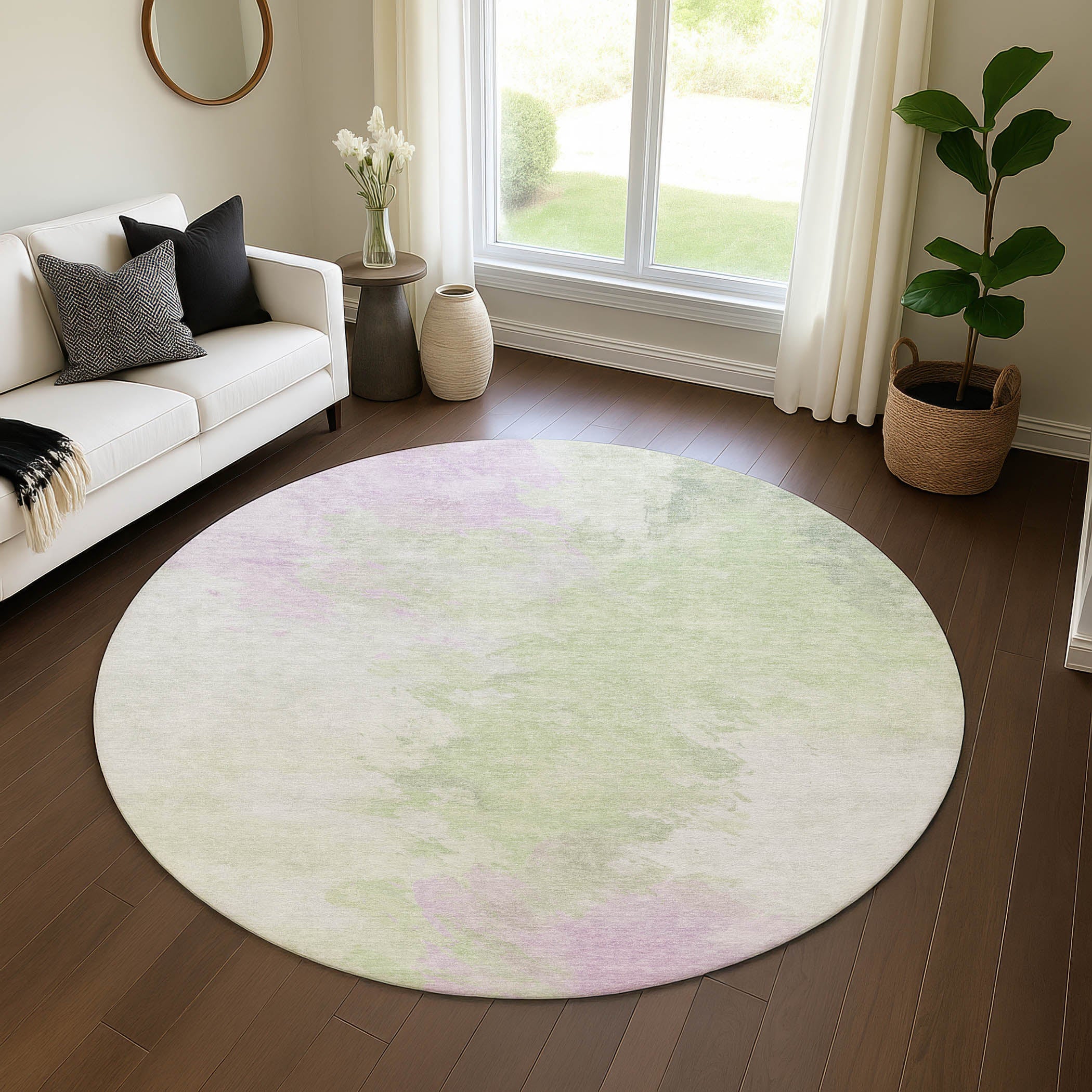Athens Machine Washable Transitional Aloe Green Rug 8' x 8' #shape_Round