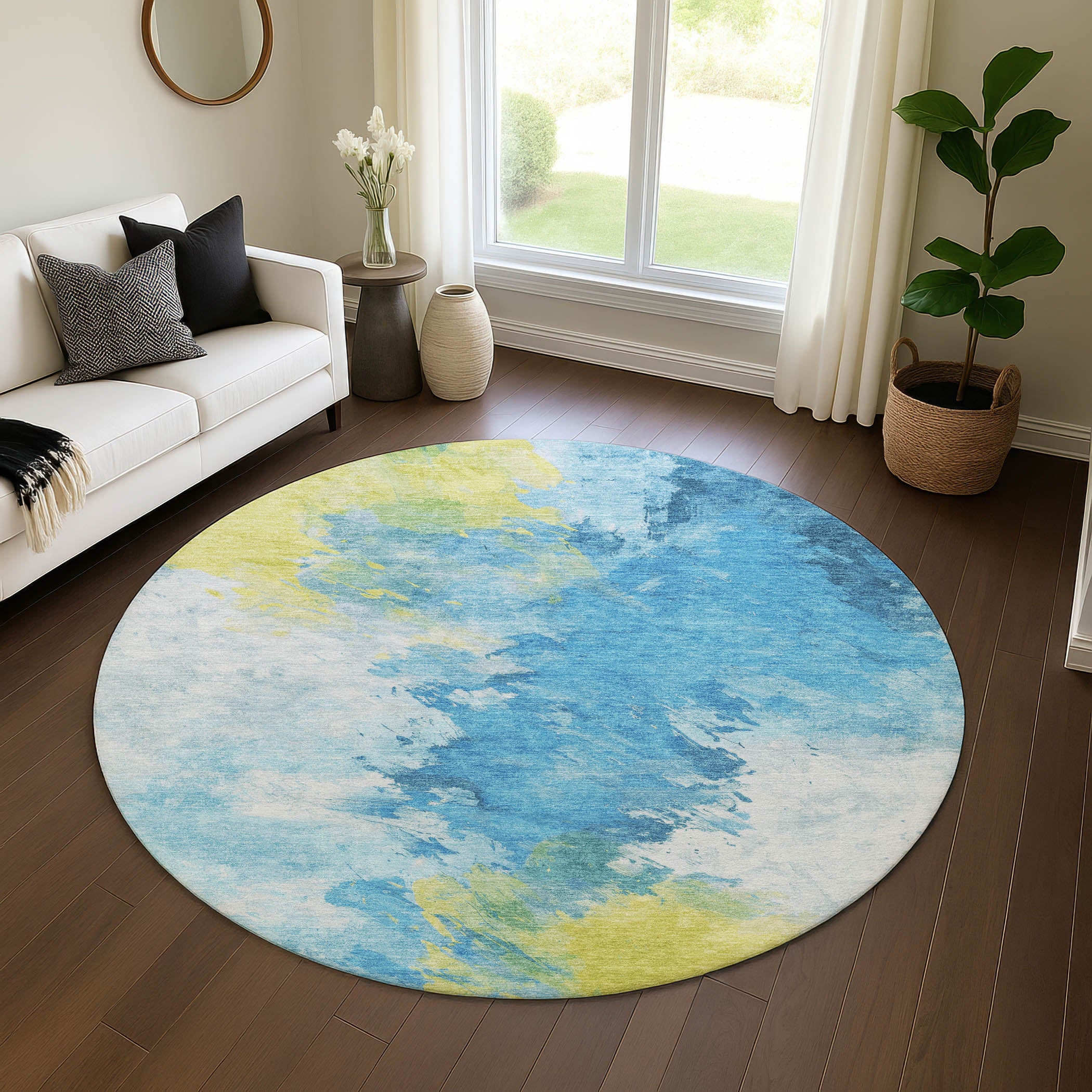 Athens Machine Washable Transitional Blue Rug 8' x 8' #shape_Round