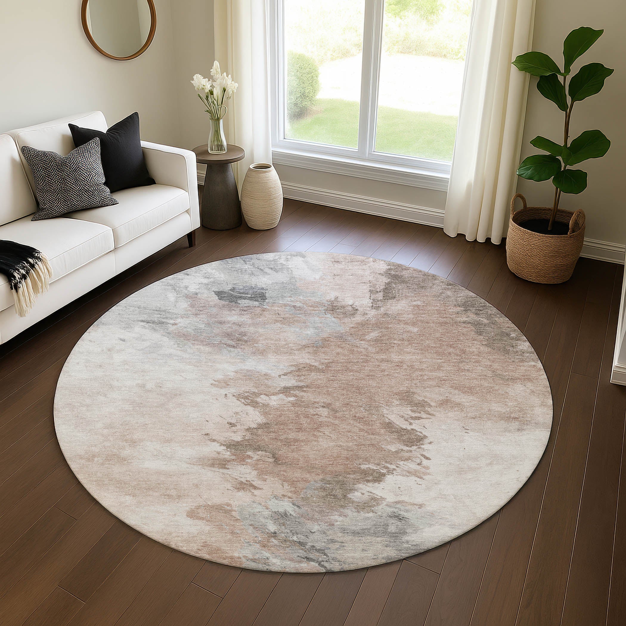 Athens Machine Washable Transitional Mocha Brown Rug 8' x 8' #shape_Round