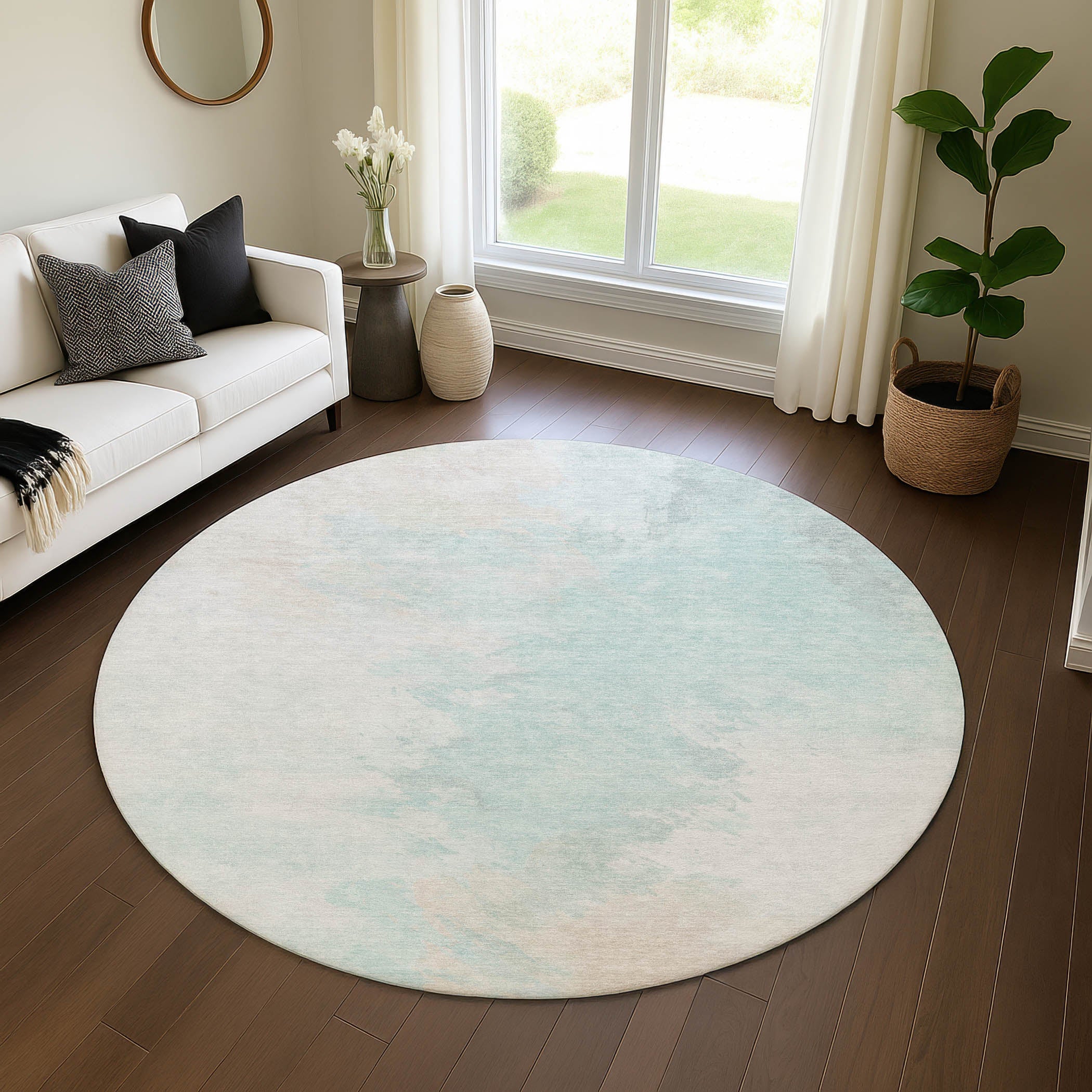 Athens Machine Washable Transitional Seafoam Blue Rug 8' x 8' #shape_Round