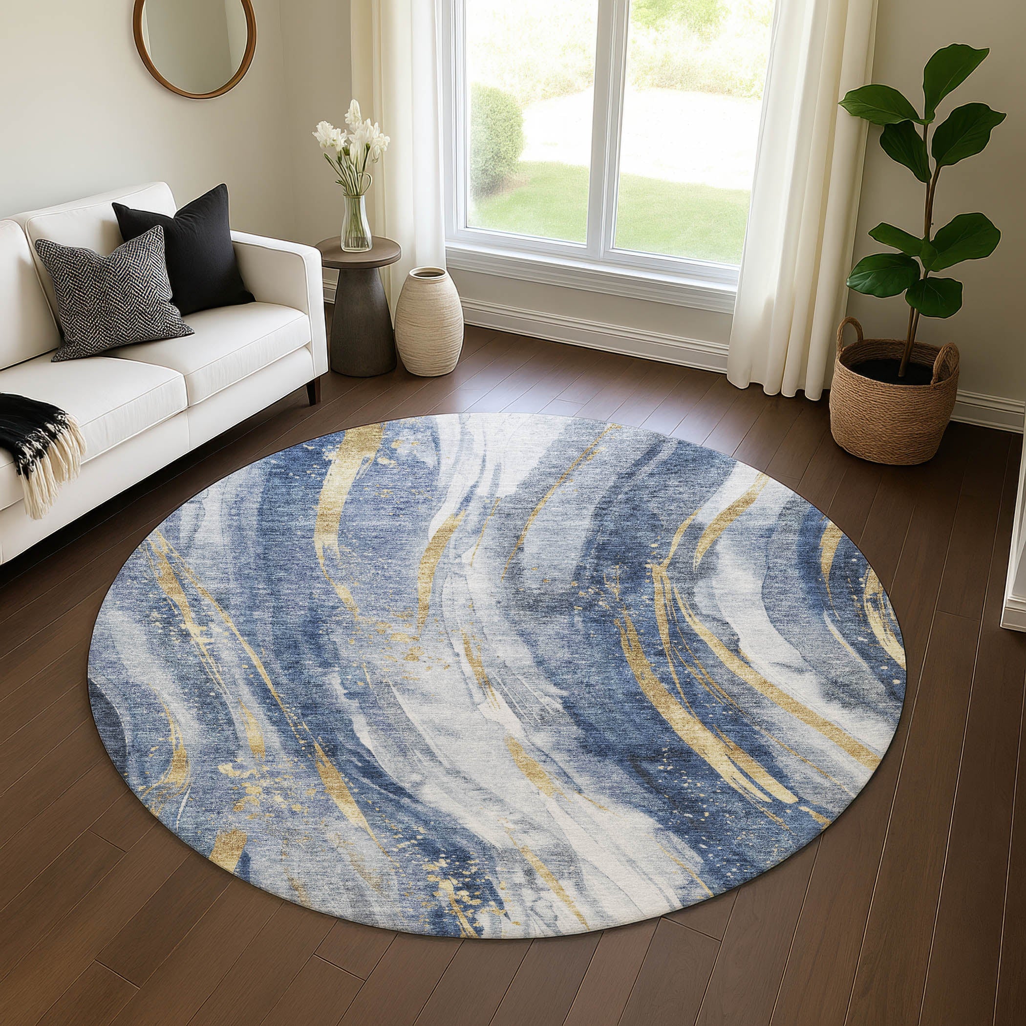 Colombo Machine Washable Transitional Blue Rug 8' x 8' #shape_Round
