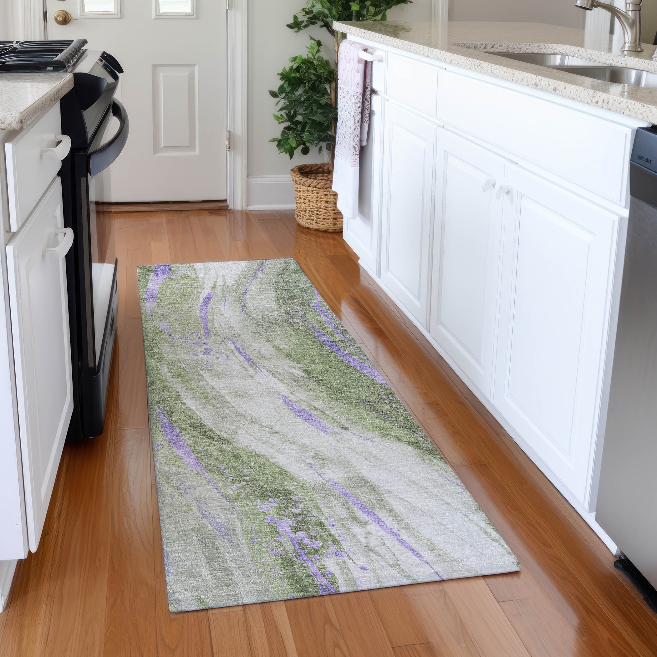 Colombo Machine Washable Transitional Olive Green Rug 2'3" x 7'6" #shape_Runner