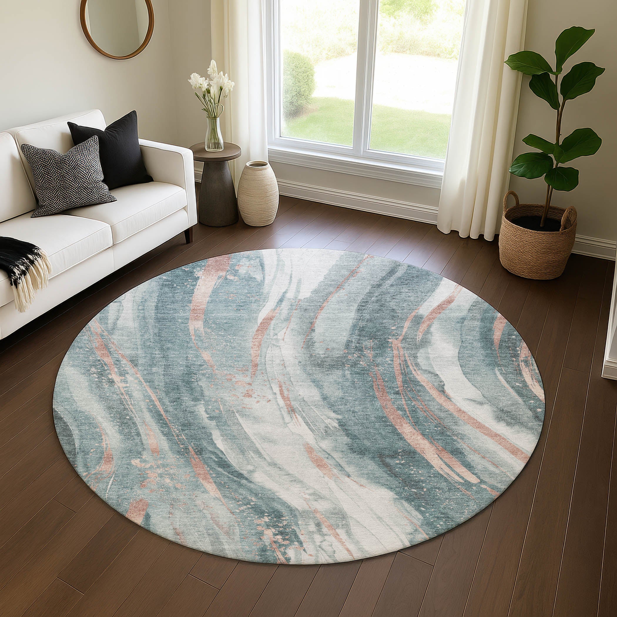Colombo Machine Washable Transitional Teal Rug 8' x 8' #shape_Round
