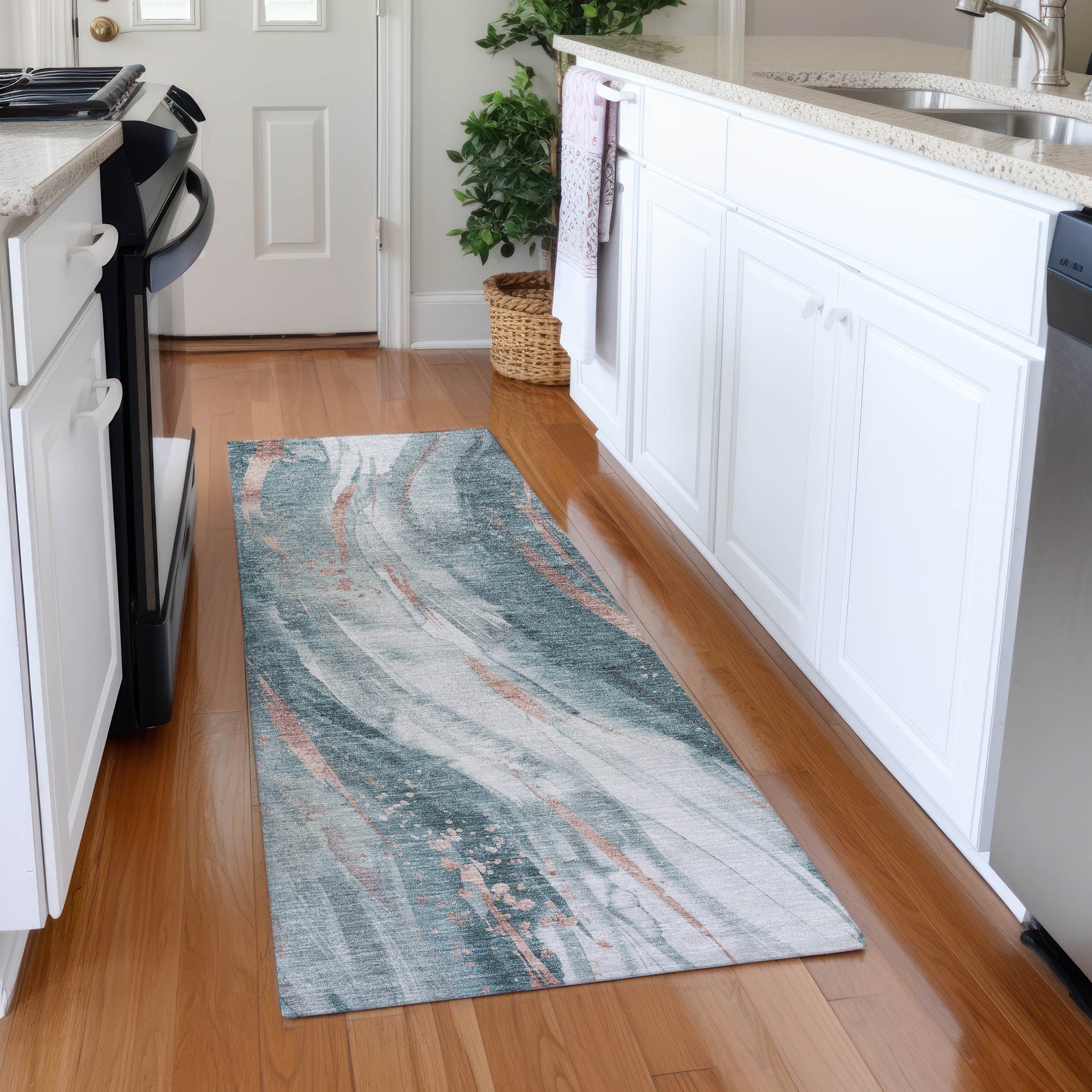 Colombo Machine Washable Transitional Teal Rug 2'3" x 7'6" #shape_Runner