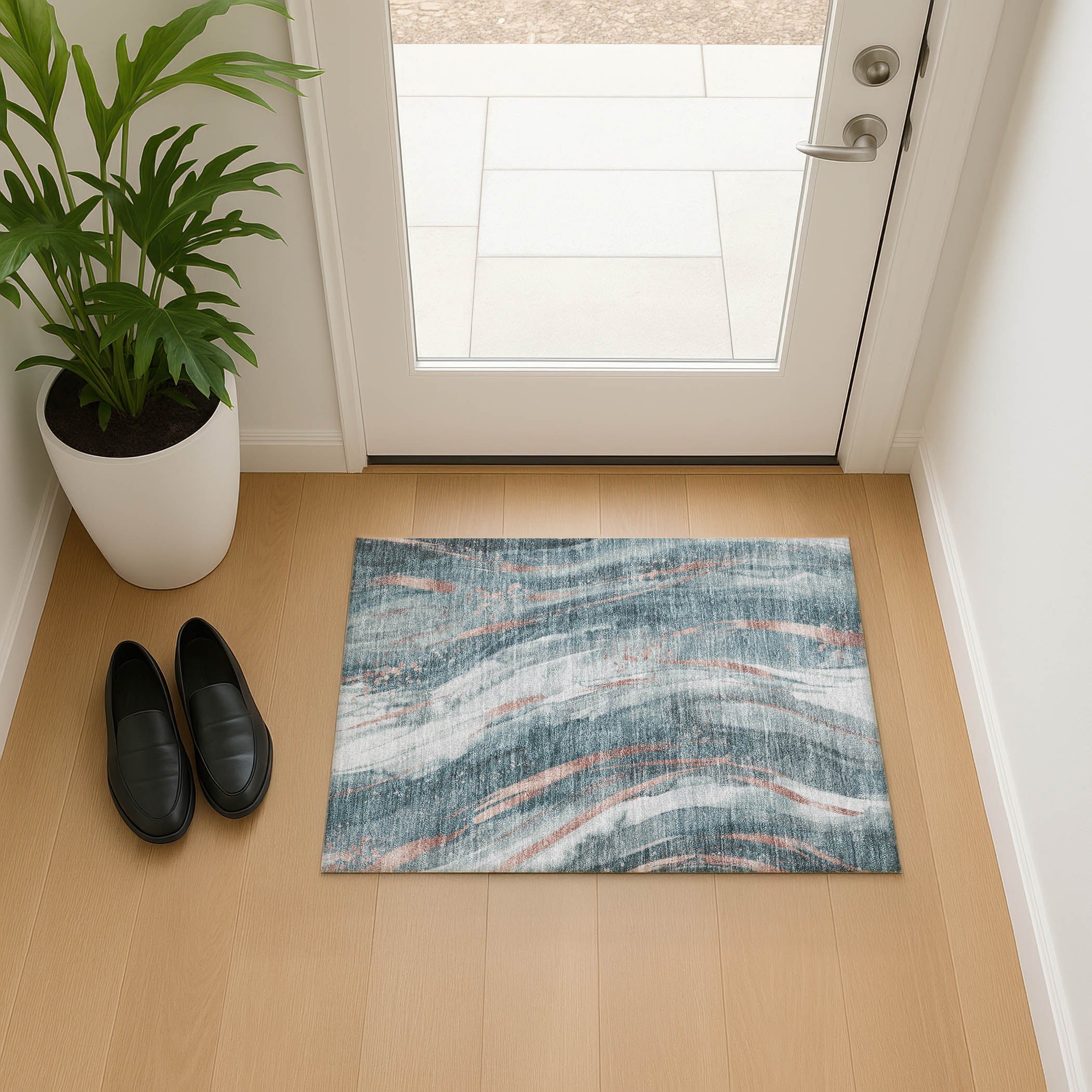 Colombo Machine Washable Transitional Teal Rug 1'8" x 2'6" #shape_Rectangle