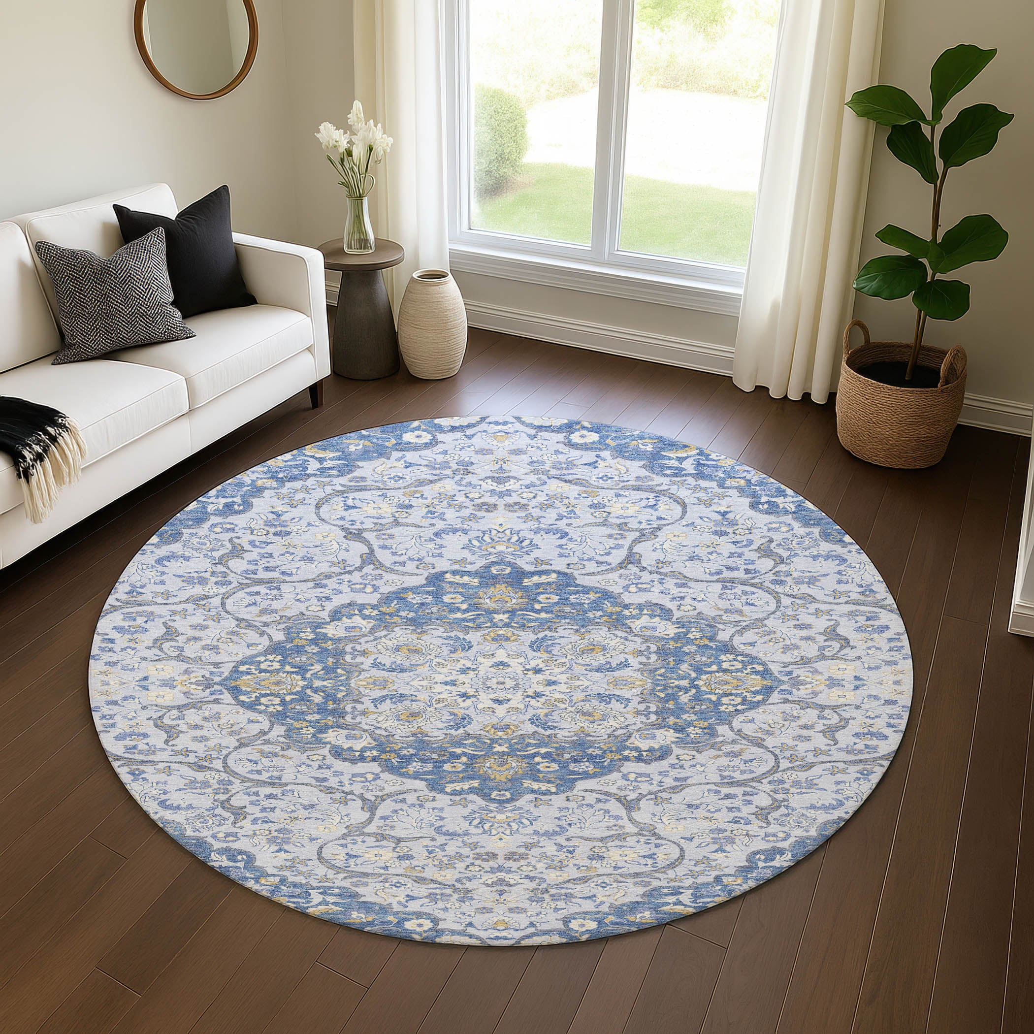 Cairo Machine Washable Traditional Blue Rug 8' x 8' #shape_Round