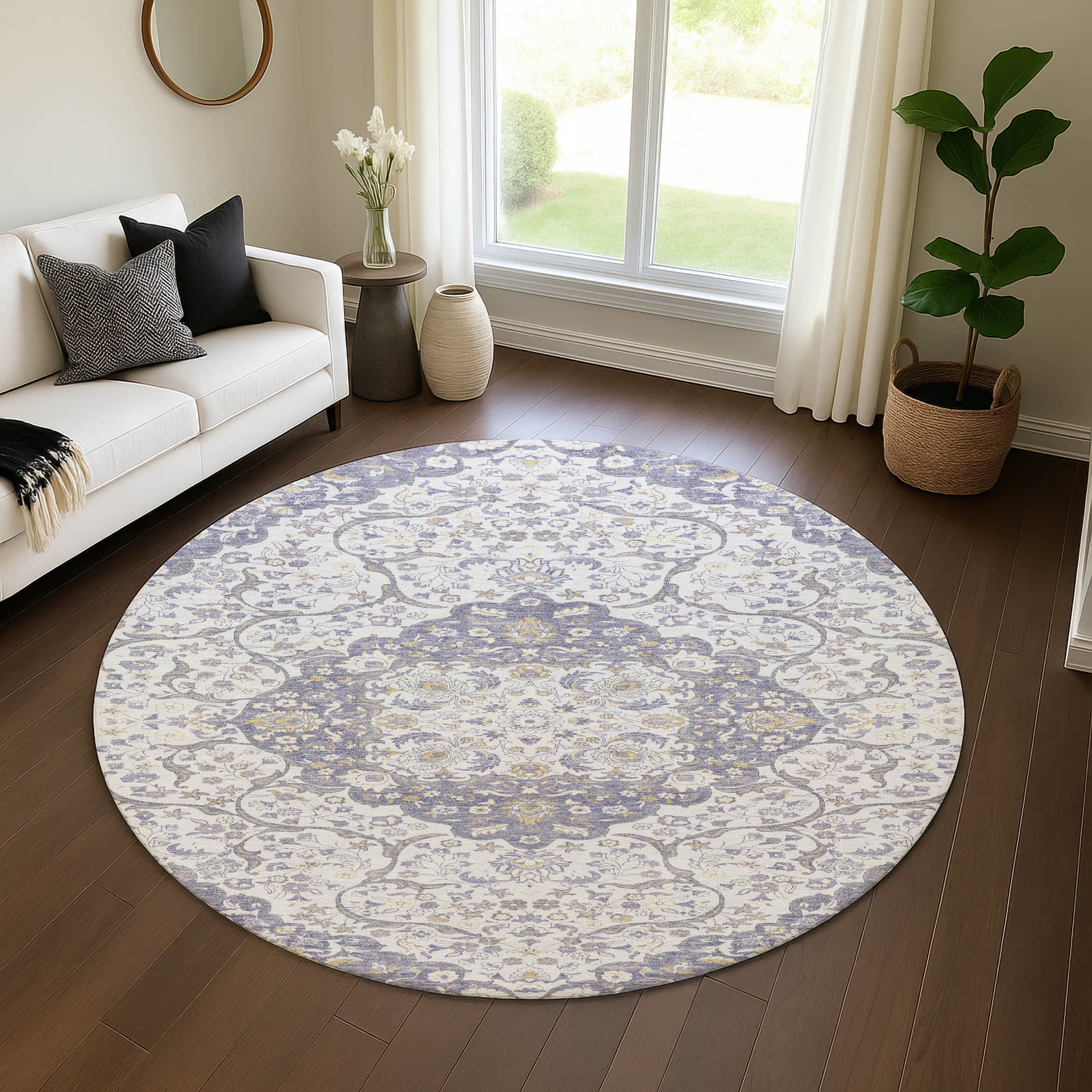 Cairo Machine Washable Traditional Lavender Purple Rug 8' x 8' #shape_Round