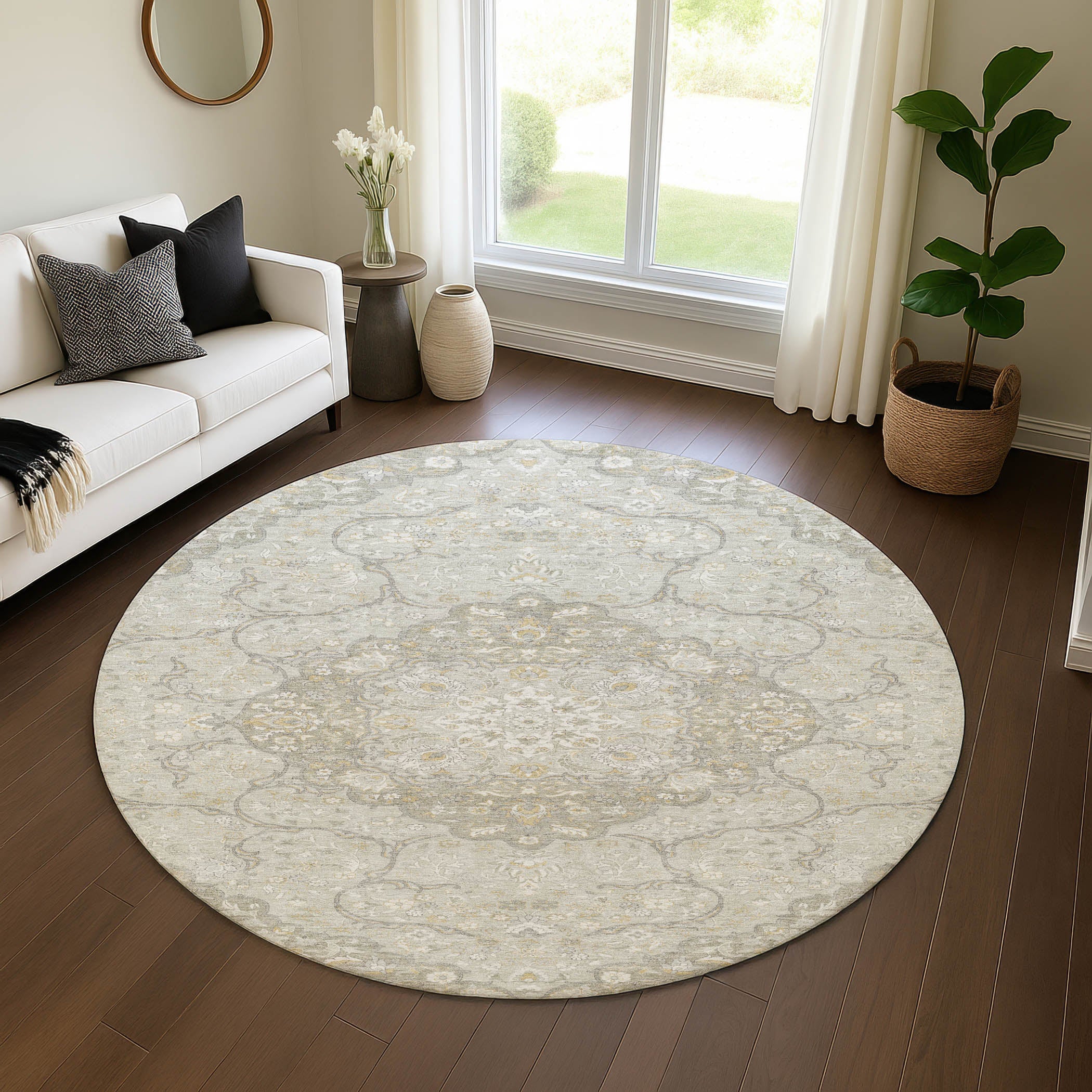 Cairo Machine Washable Traditional Taupe Brown Rug 8' x 8' #shape_Round
