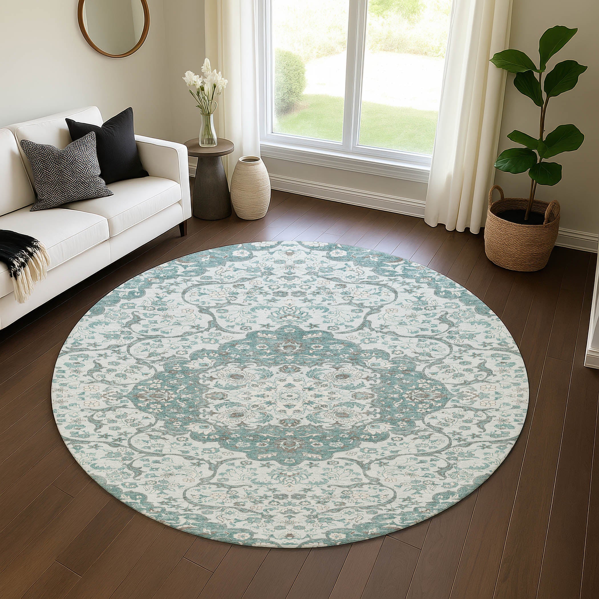 Cairo Machine Washable Traditional Teal Rug 8' x 8' #shape_Round
