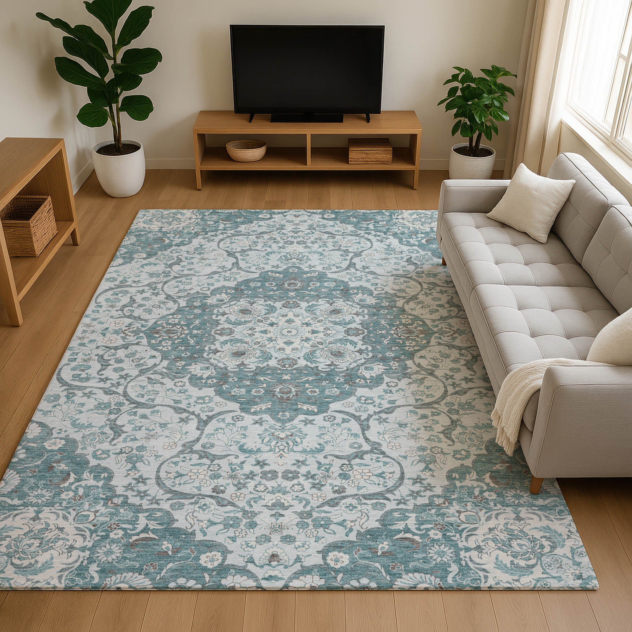 Cairo Machine Washable Traditional Teal Rug 2'6" x 3'10" #shape_Rectangle
