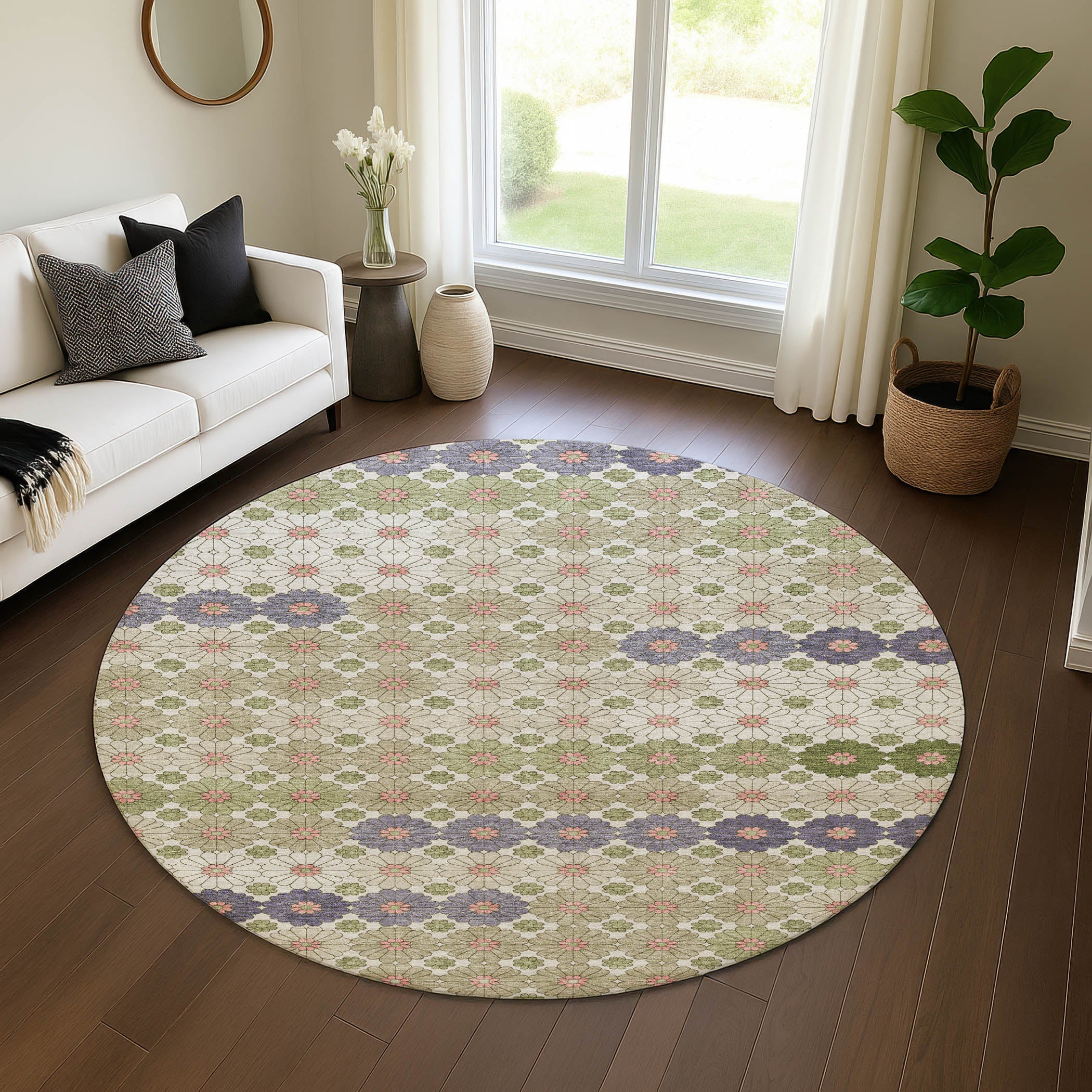 Baku Machine Washable Transitional Aloe Green Rug 8' x 8' #shape_Round