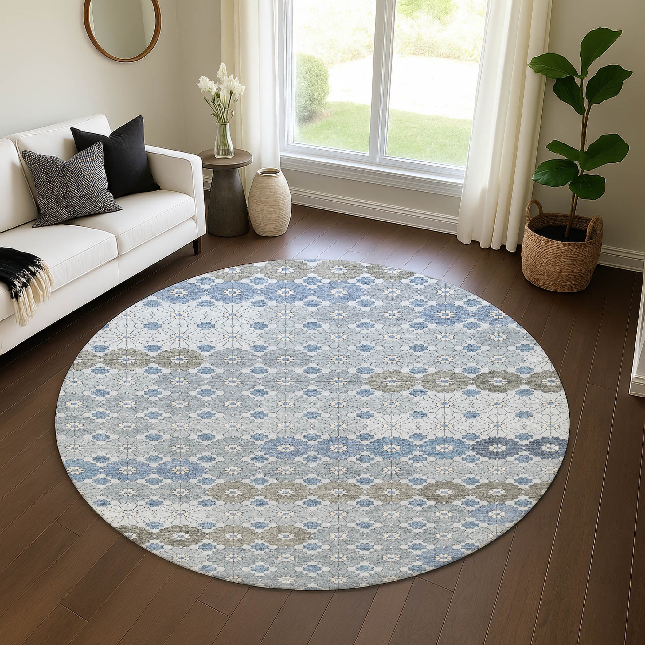 Baku Machine Washable Transitional Denim Blue Rug 8' x 8' #shape_Round