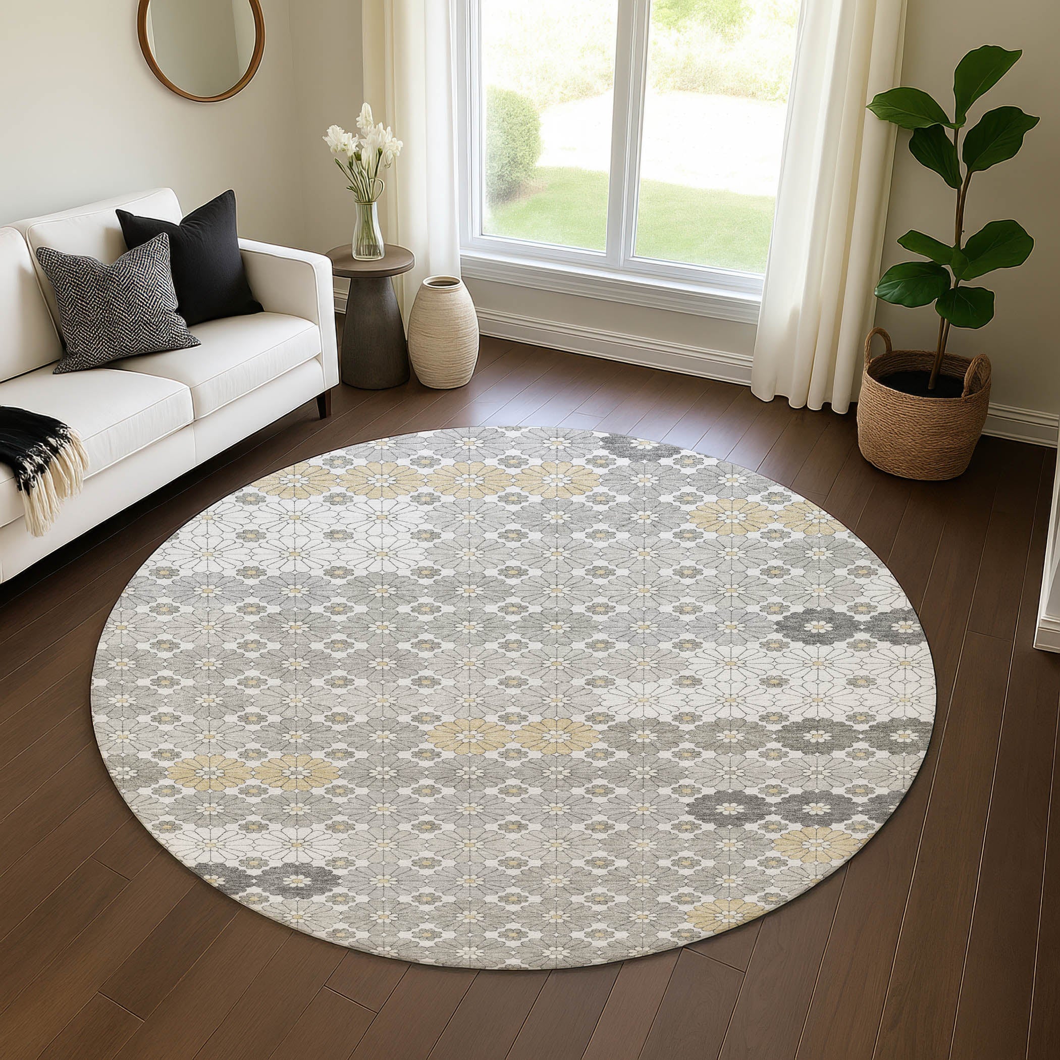 Baku Machine Washable Transitional Gray Rug 8' x 8' #shape_Round
