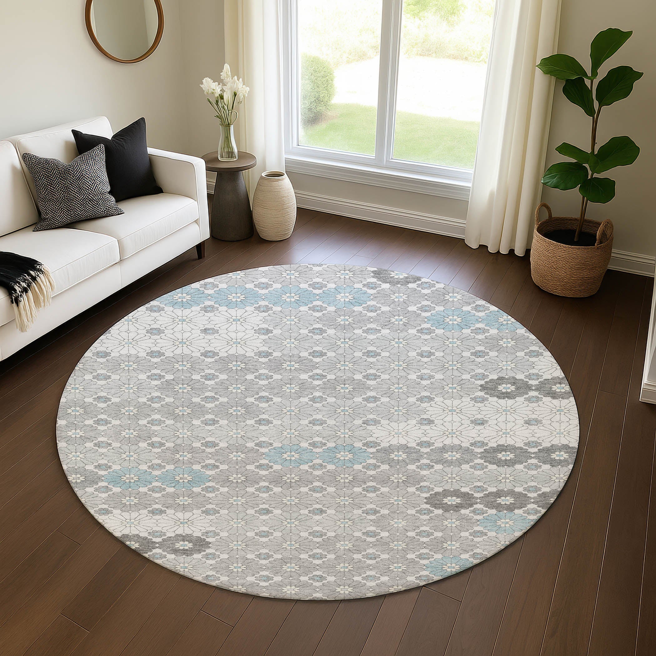 Baku Machine Washable Transitional Silver Gray Rug 8' x 8' #shape_Round