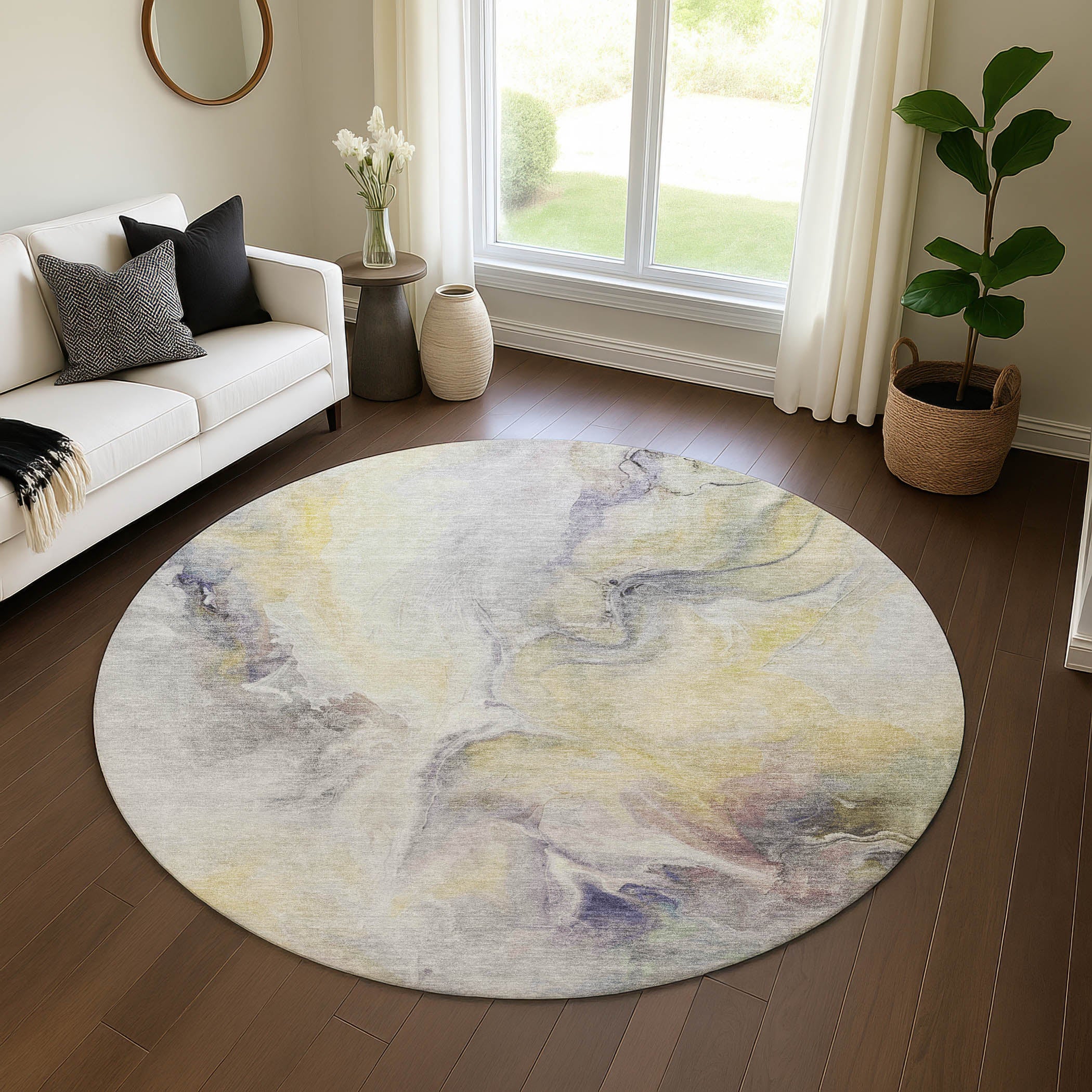 Oslo Machine Washable Transitional Gold Rug 8' x 8' #shape_Round