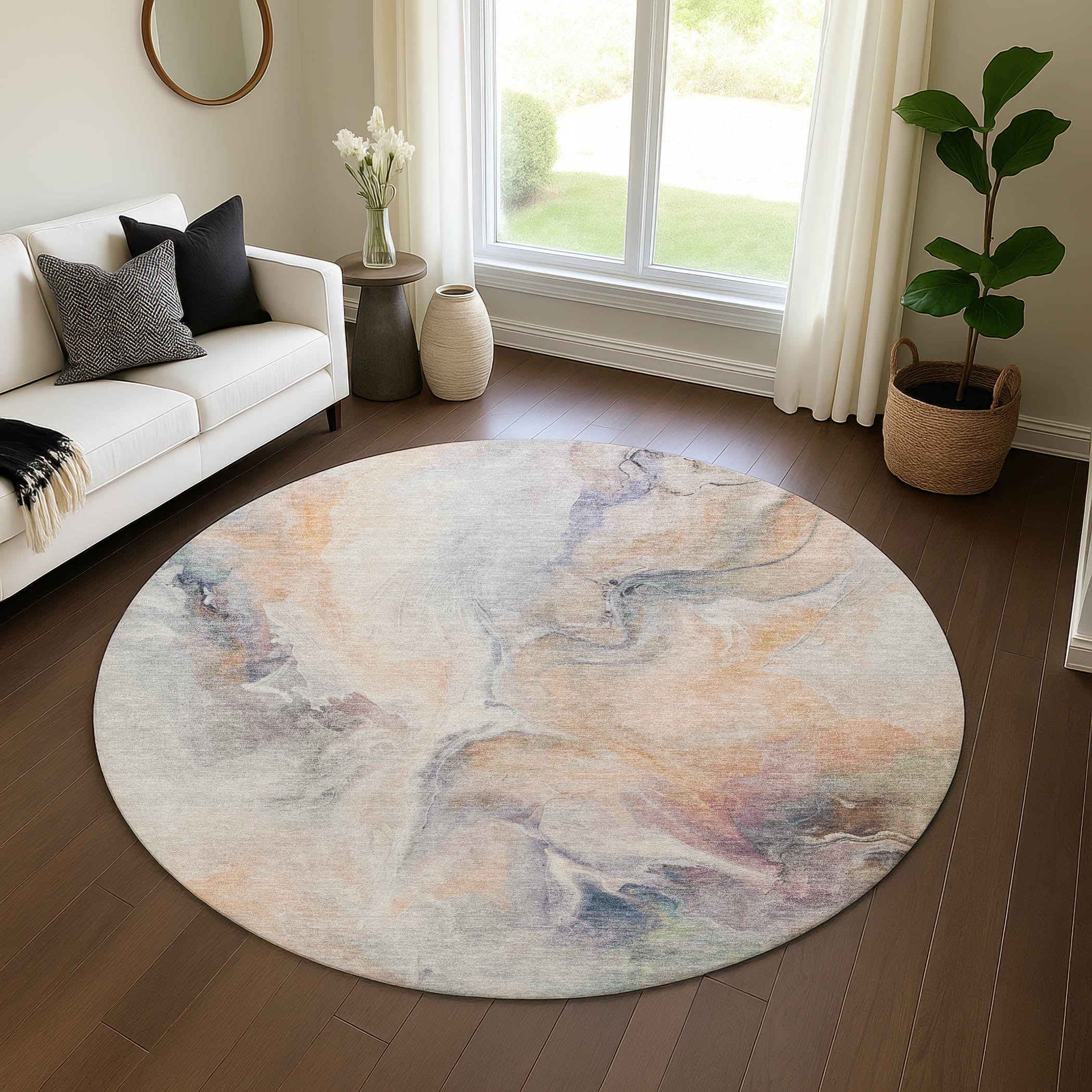 Oslo Machine Washable Transitional Linen Ivory Rug 8' x 8' #shape_Round