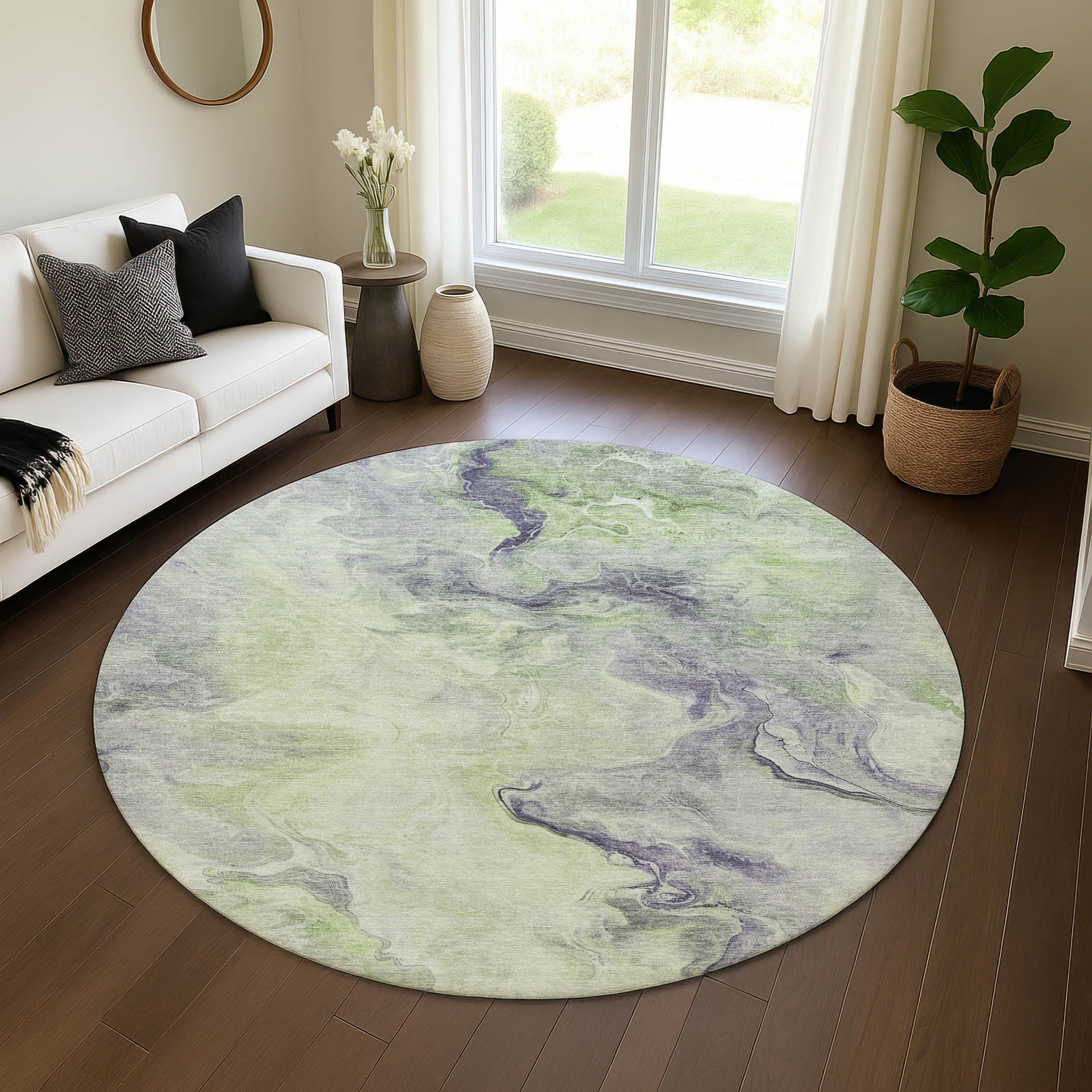 Lisbon Machine Washable Transitional Aloe Green Rug 8' x 8' #shape_Round