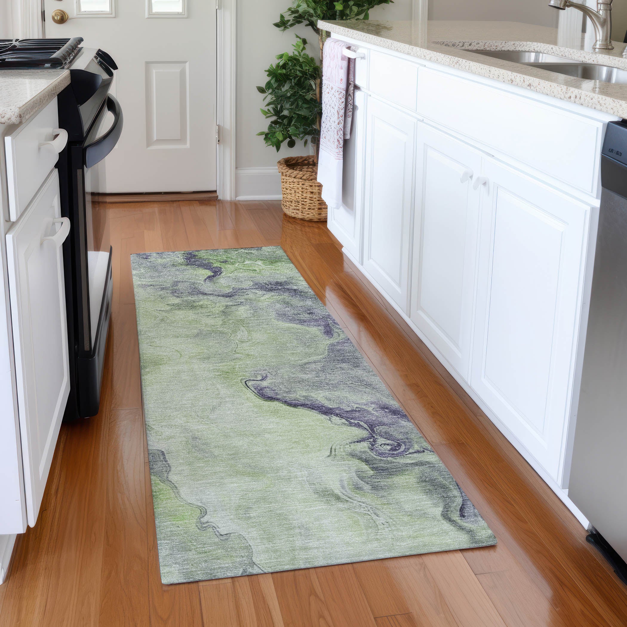 Lisbon Machine Washable Transitional Aloe Green Rug 2'3" x 7'6" #shape_Runner