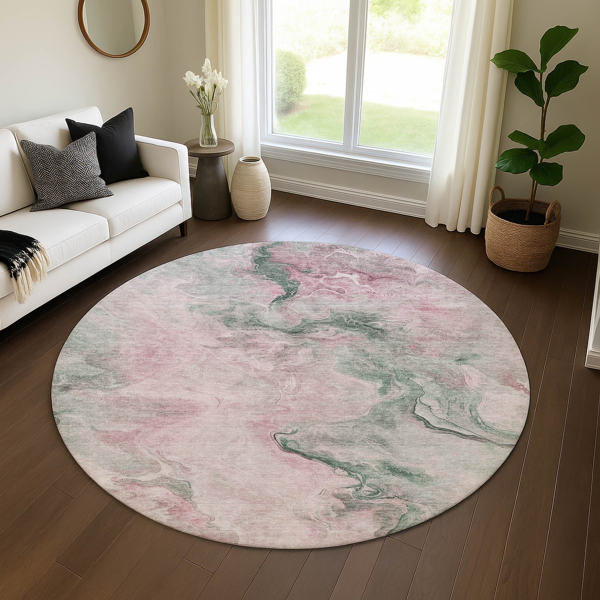 Lisbon Machine Washable Transitional Blush Pink Rug 8' x 8' #shape_Round