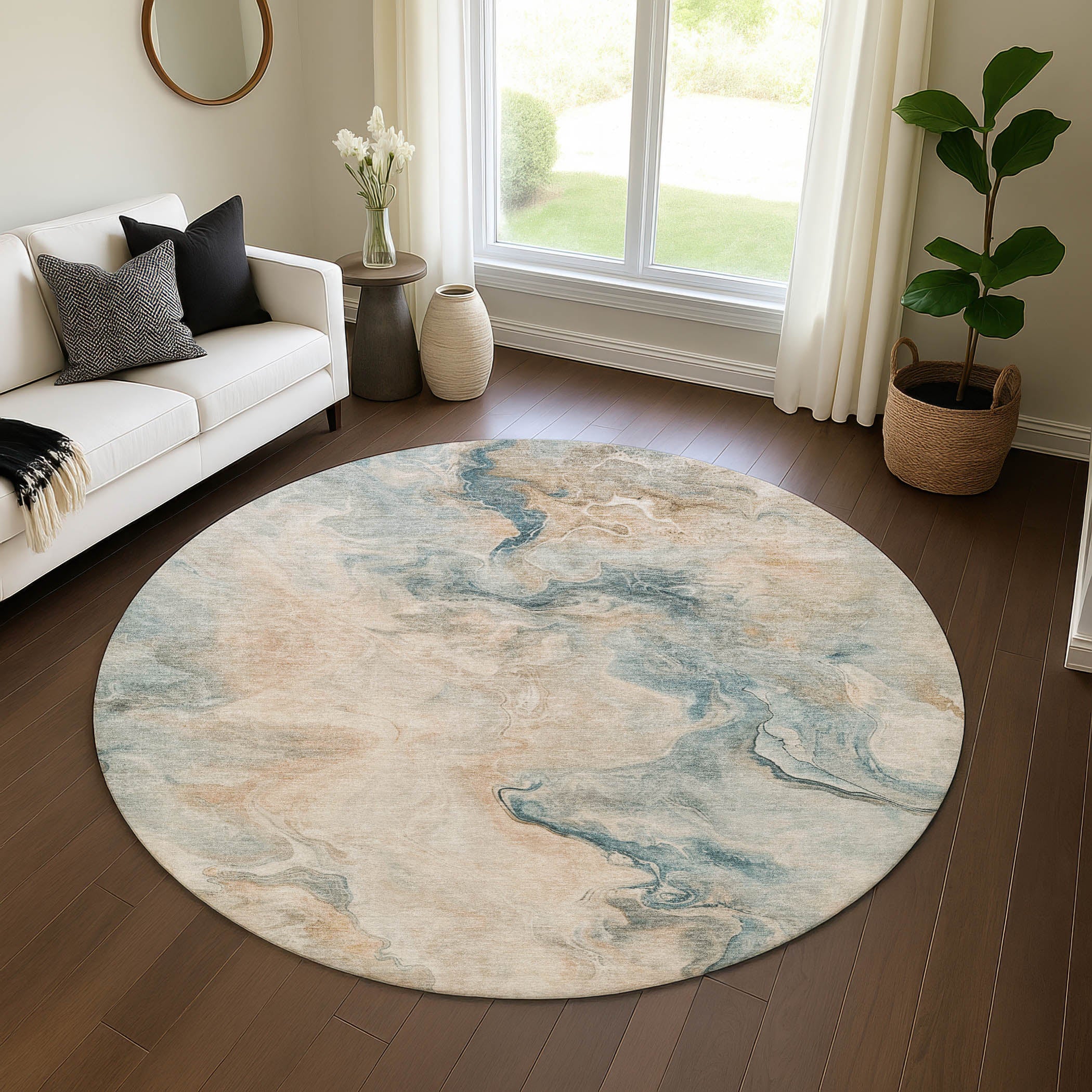 Lisbon Machine Washable Transitional Teal Rug 8' x 8' #shape_Round