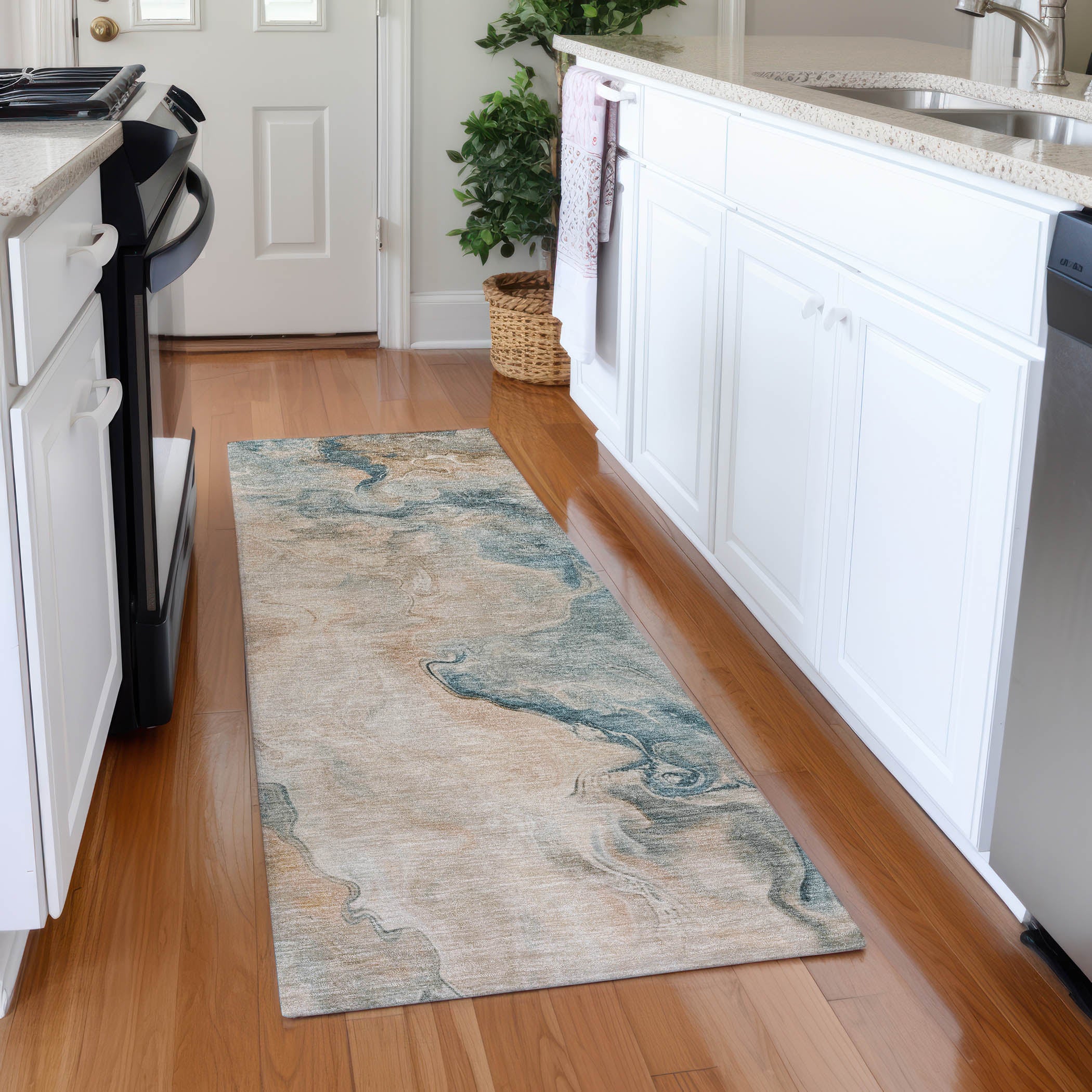 Lisbon Machine Washable Transitional Teal Rug 2'3" x 7'6" #shape_Runner