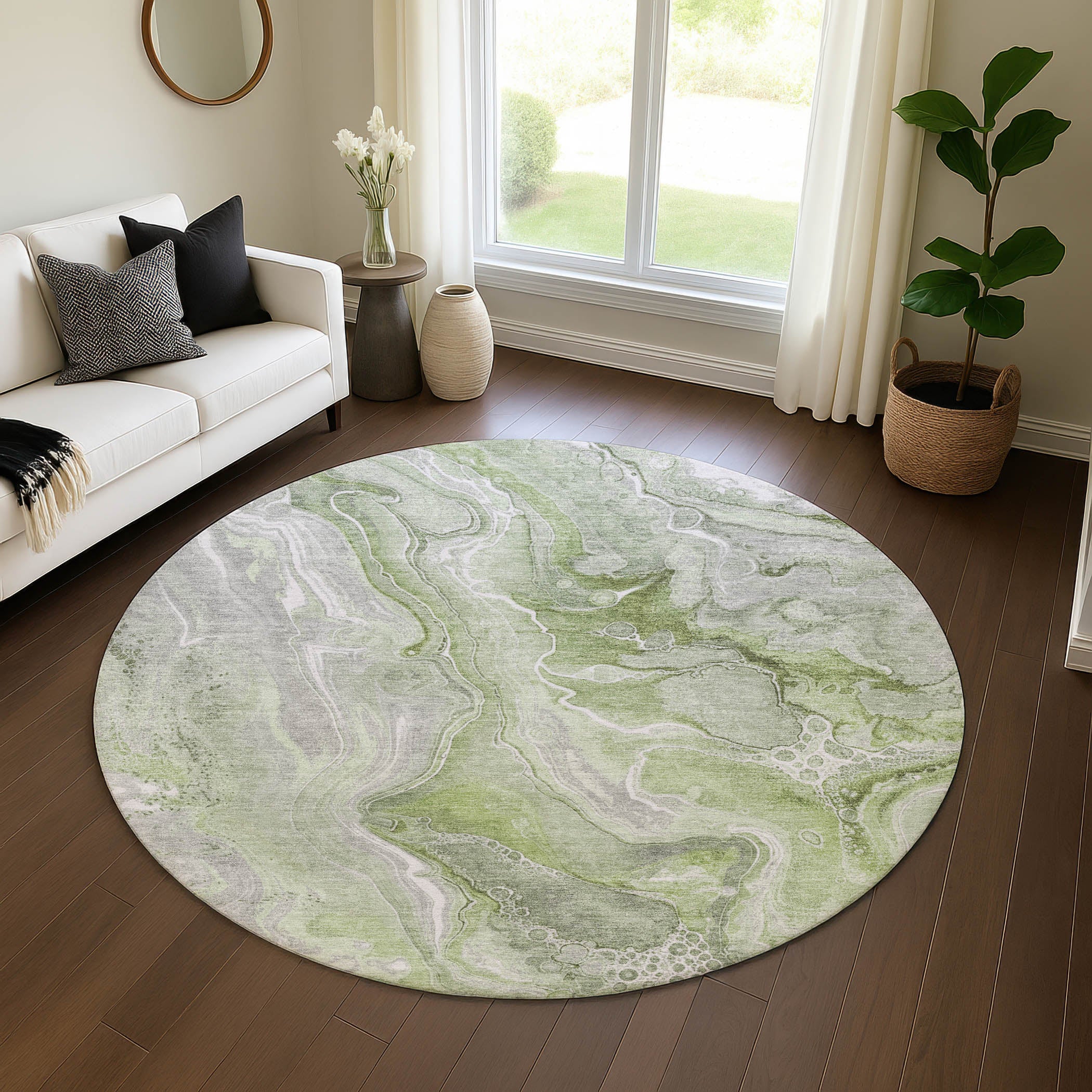 Kotor Machine Washable Transitional Aloe Green Rug 8' x 8' #shape_Round