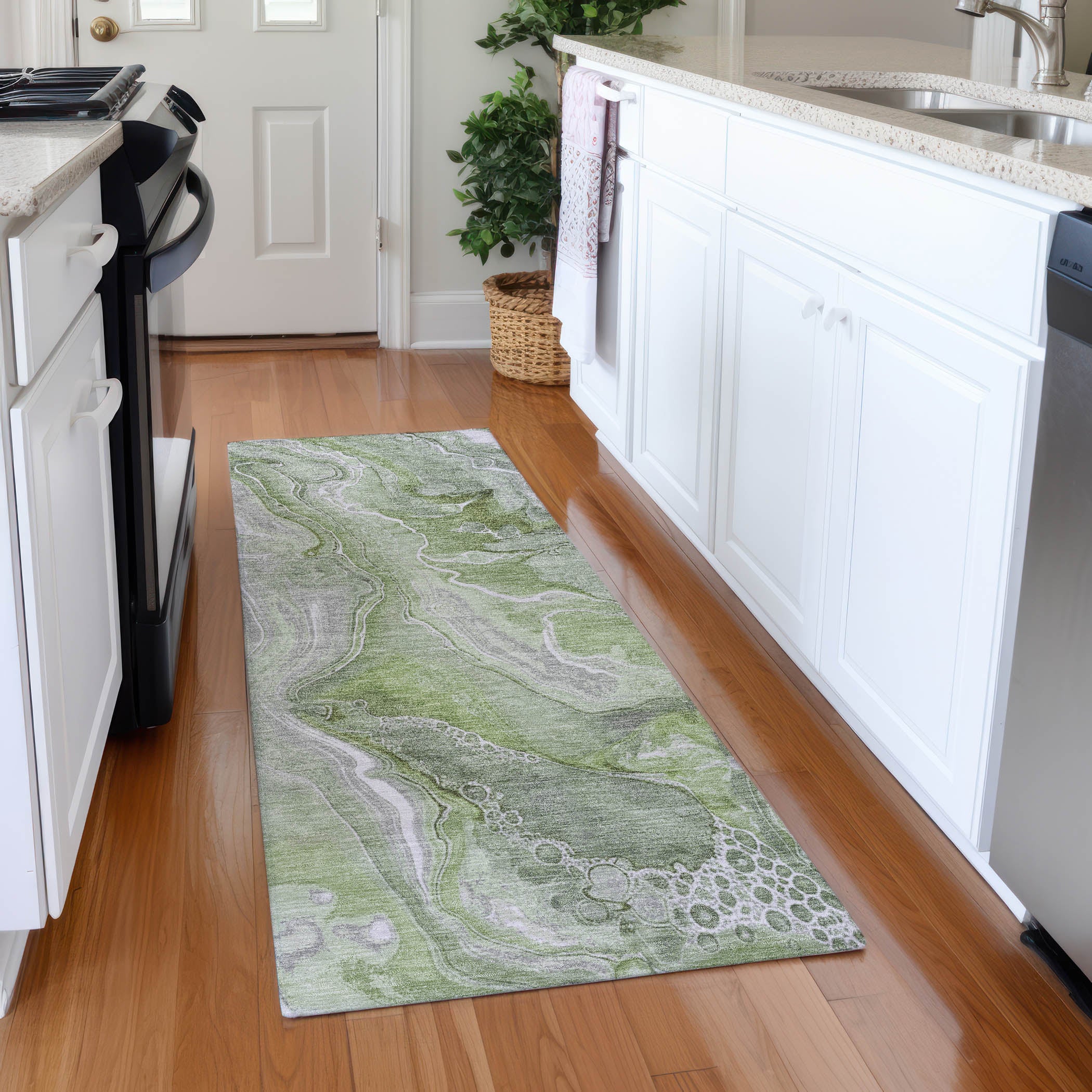 Kotor Machine Washable Transitional Aloe Green Rug 2'3" x 7'6" #shape_Runner