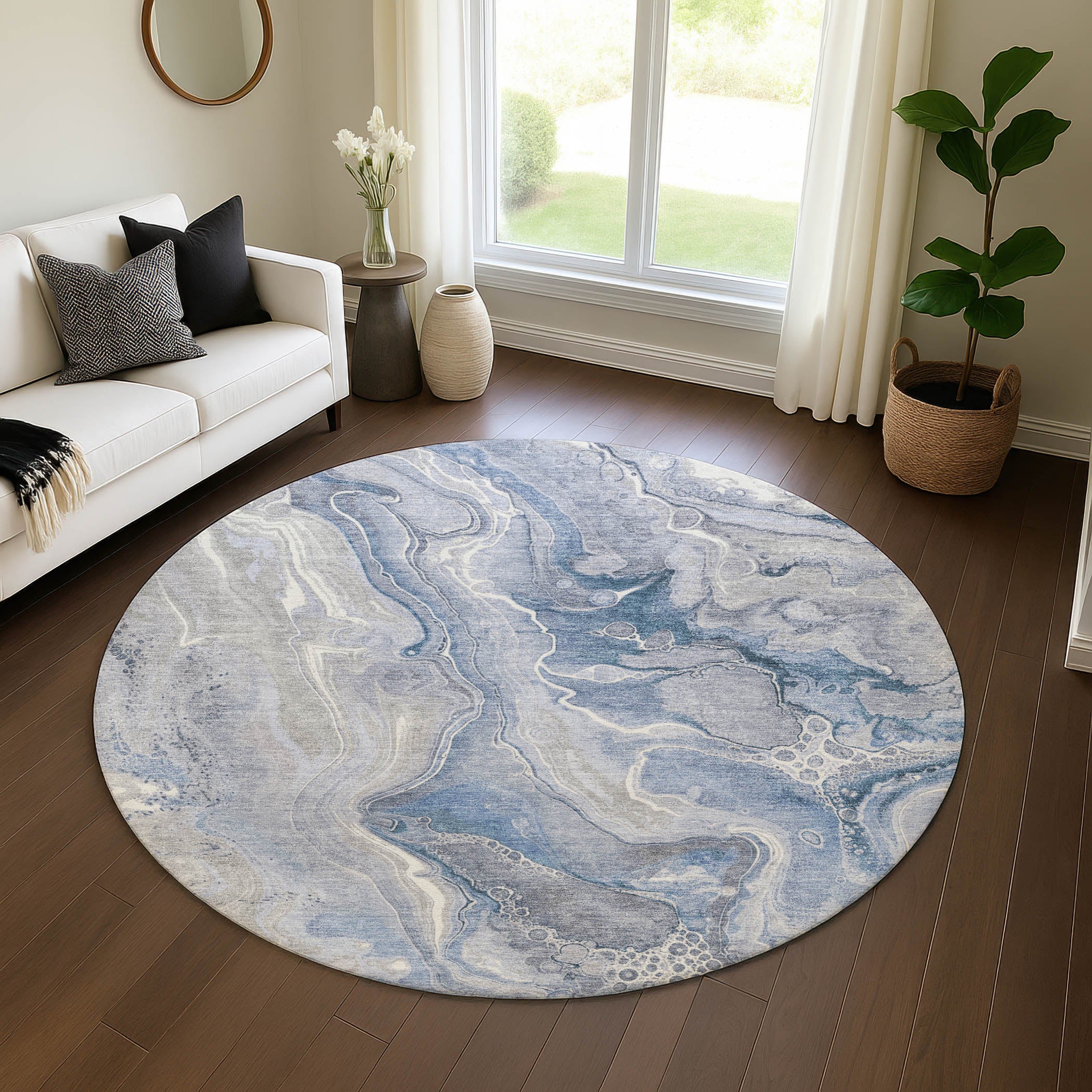 Kotor Machine Washable Transitional Denim Blue Rug 8' x 8' #shape_Round