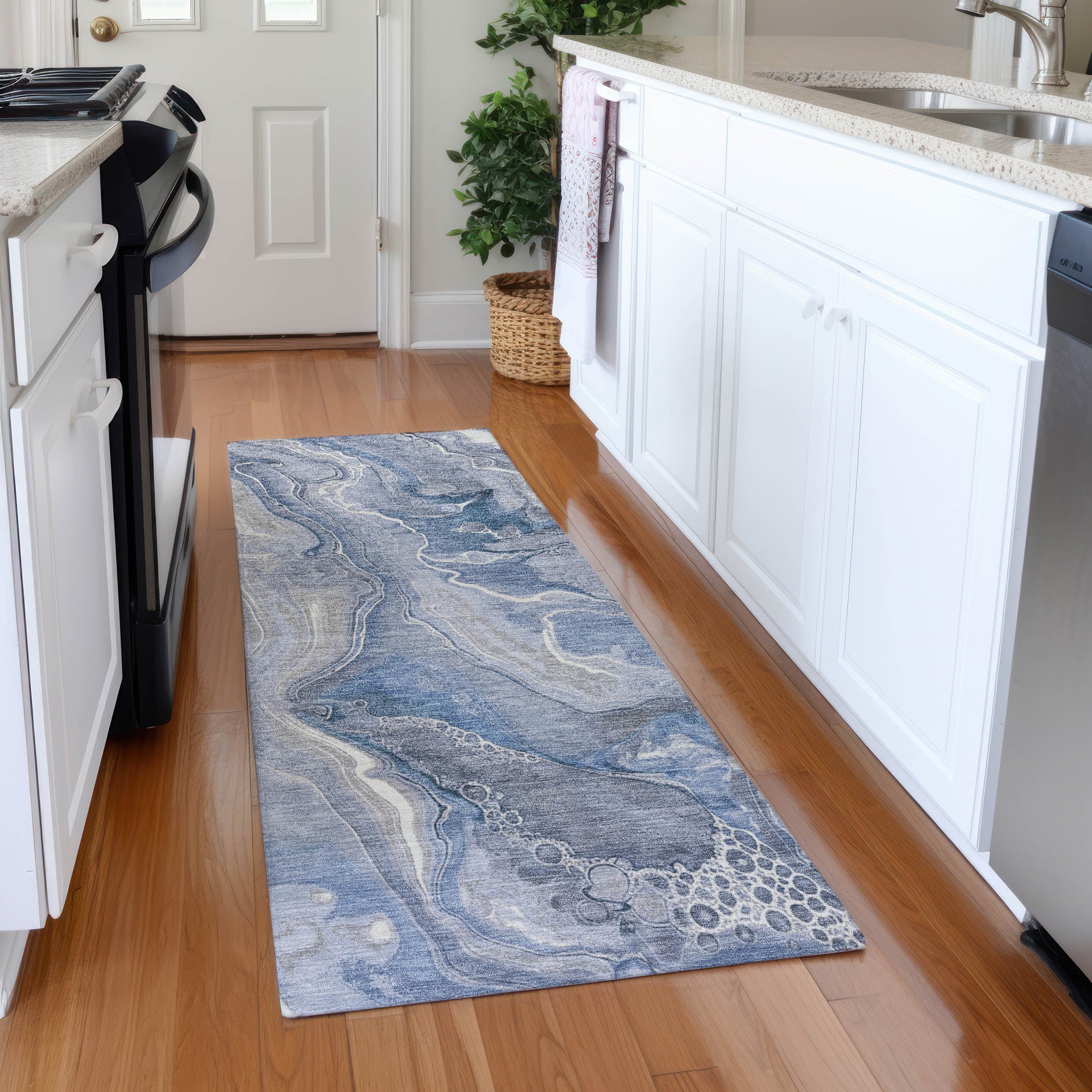 Kotor Machine Washable Transitional Denim Blue Rug 2'3" x 7'6" #shape_Runner
