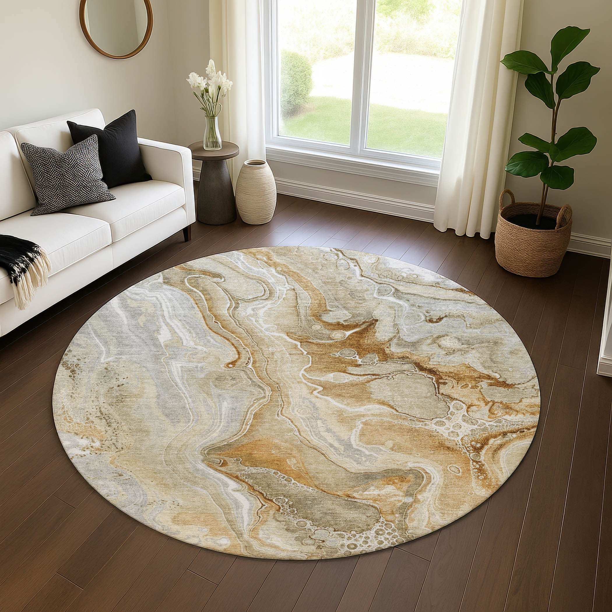 Kotor Machine Washable Transitional Pewter Gray Rug 8' x 8' #shape_Round