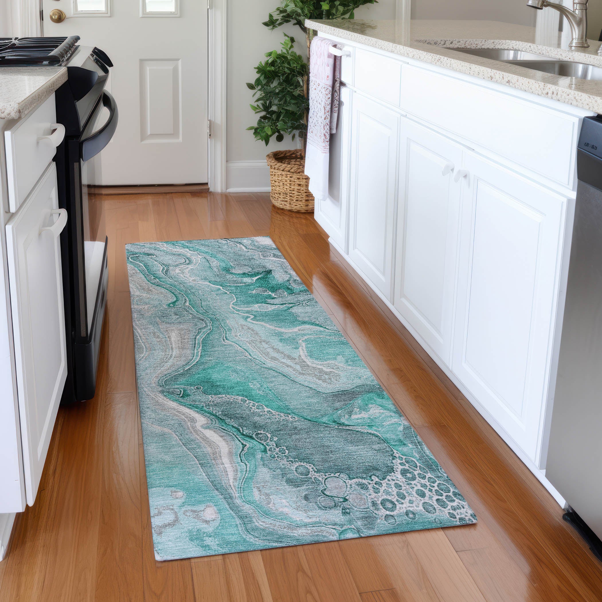 Kotor Machine Washable Transitional Teal Rug 2'3" x 7'6" #shape_Runner