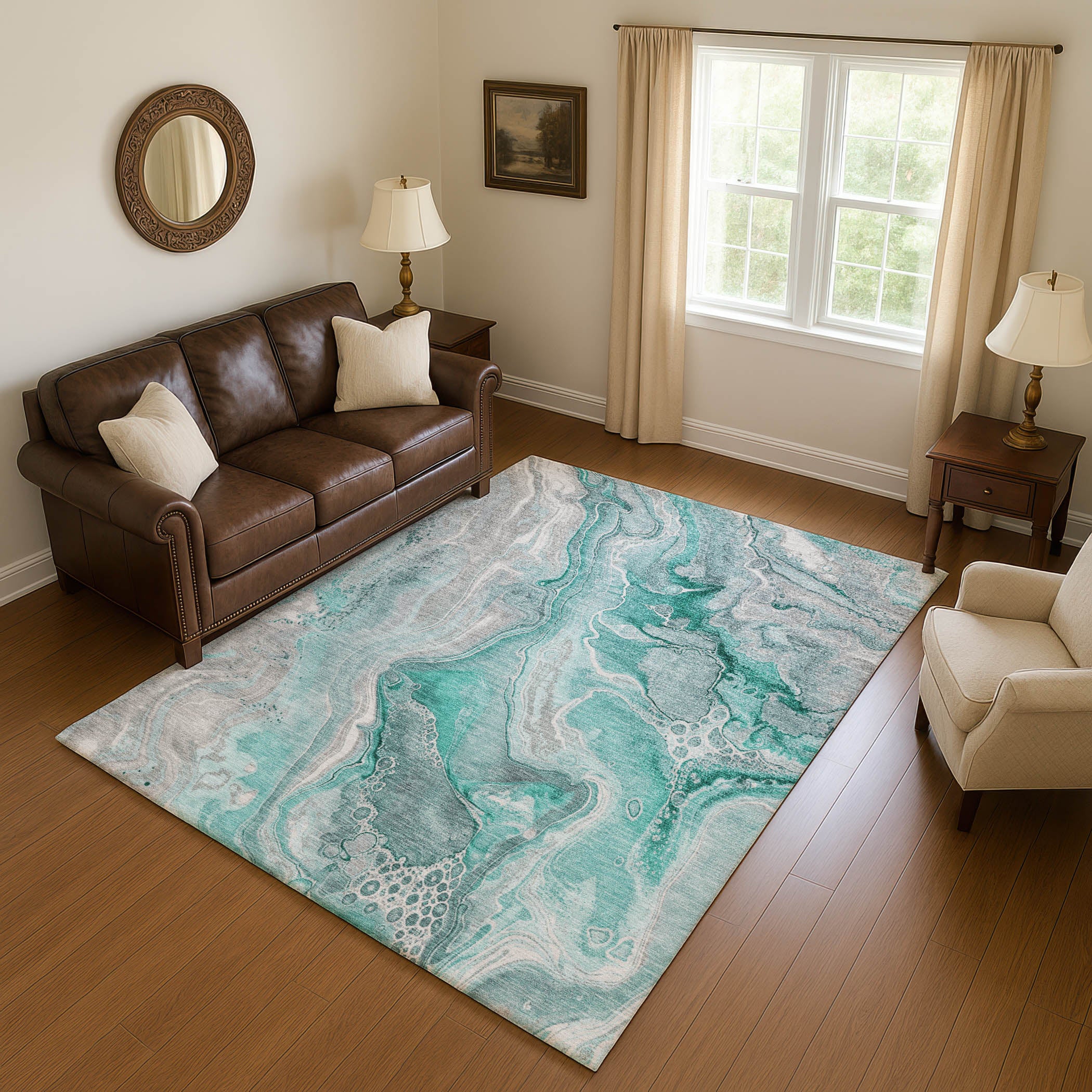 Kotor Machine Washable Transitional Teal Rug 2'6" x 3'10" #shape_Rectangle