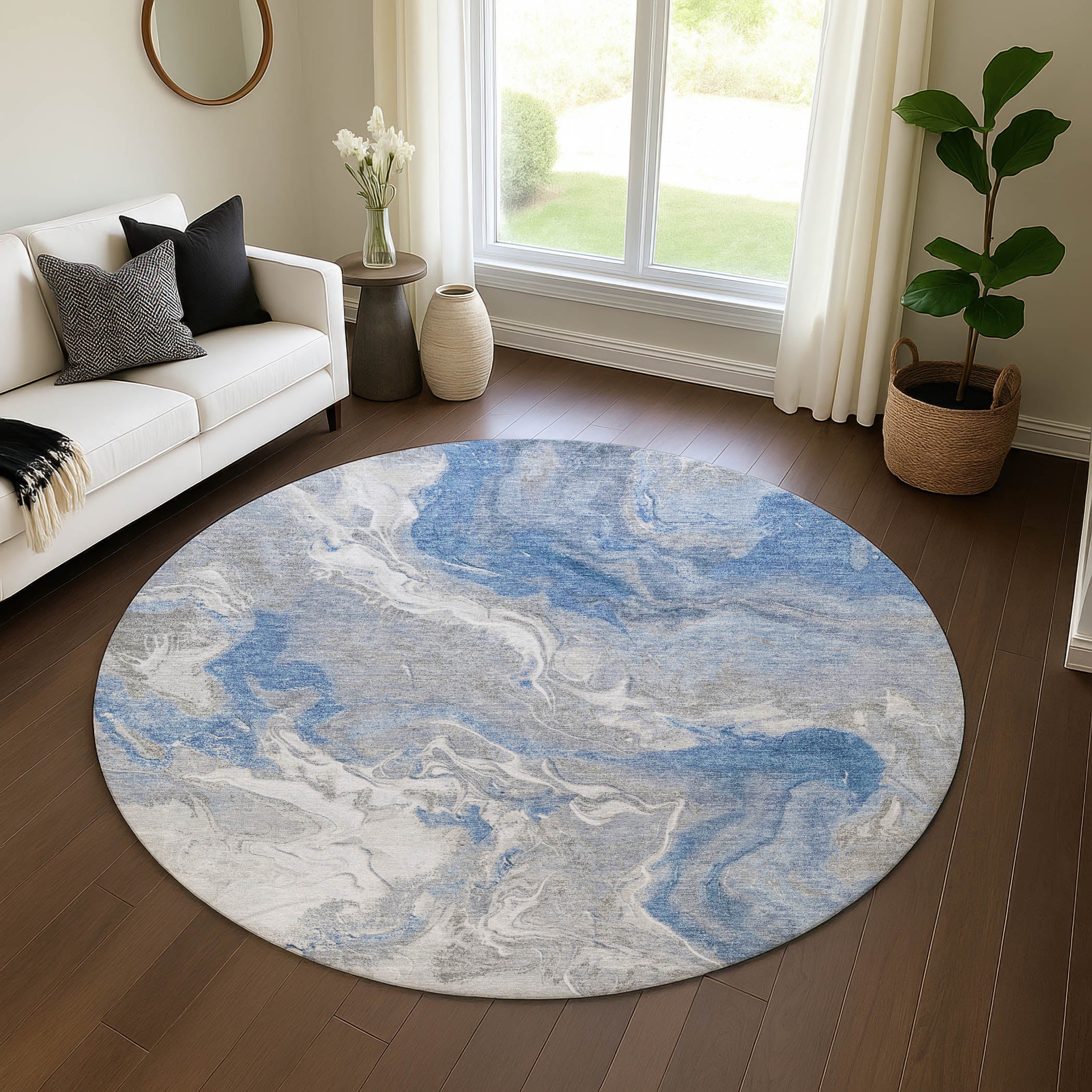 Sarajevo Machine Washable Transitional Blue Rug 8' x 8' #shape_Round