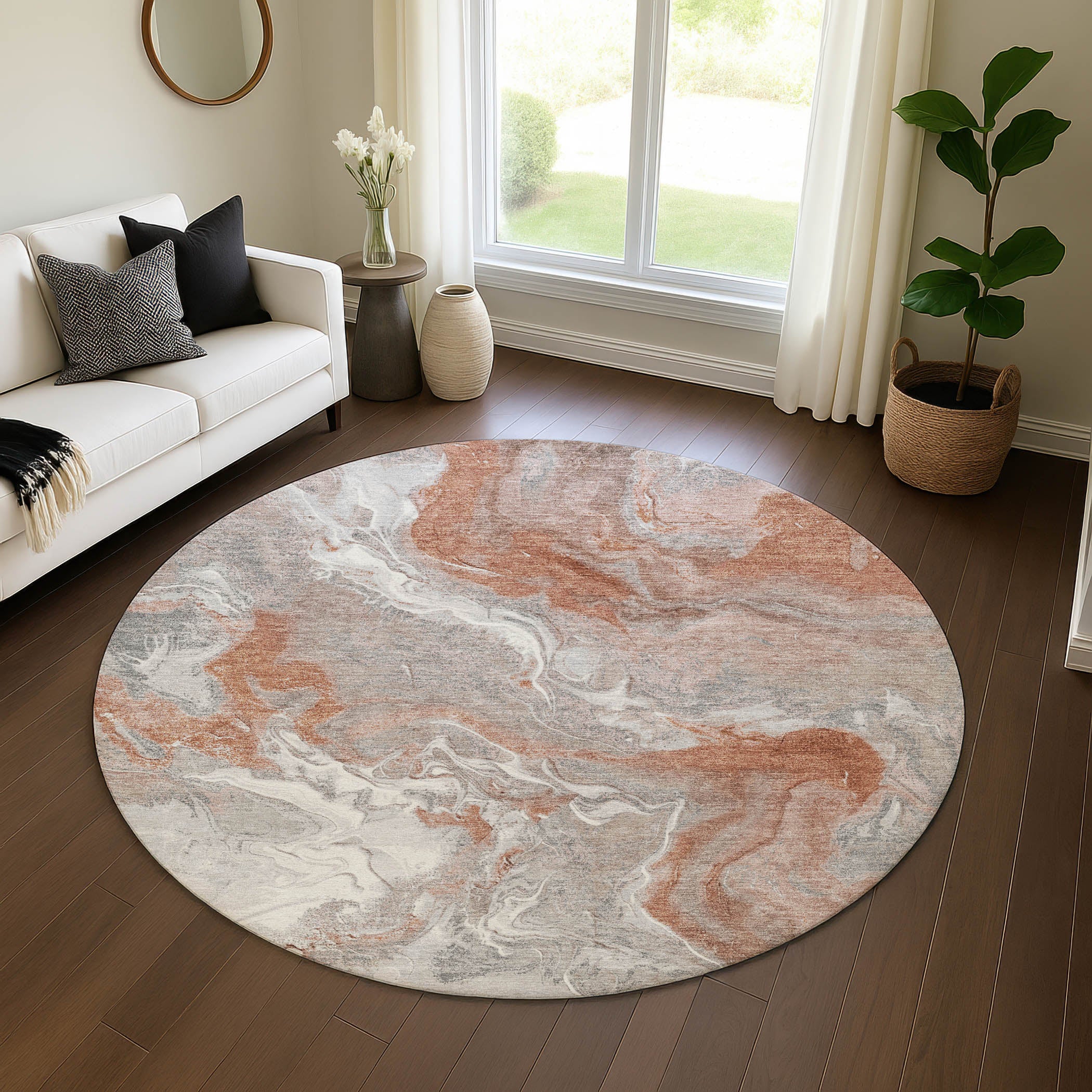 Sarajevo Machine Washable Transitional Salmon Orange Rug 8' x 8' #shape_Round
