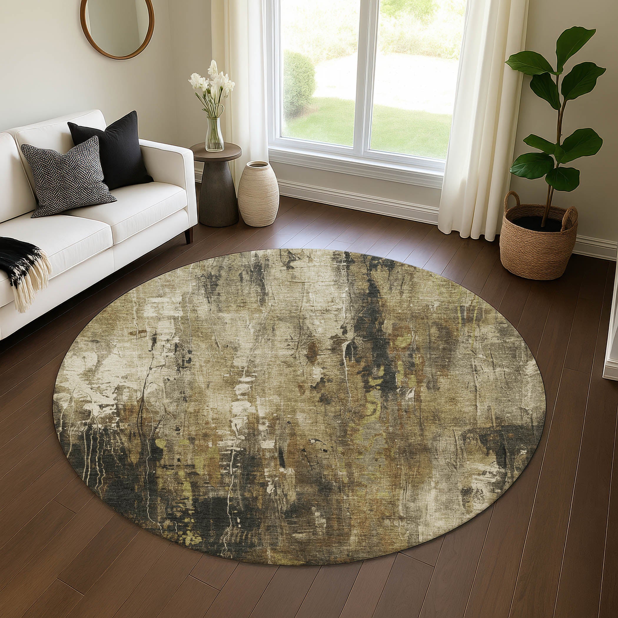 Mdina Machine Washable Transitional Beige Brown Rug 8' x 8' #shape_Round