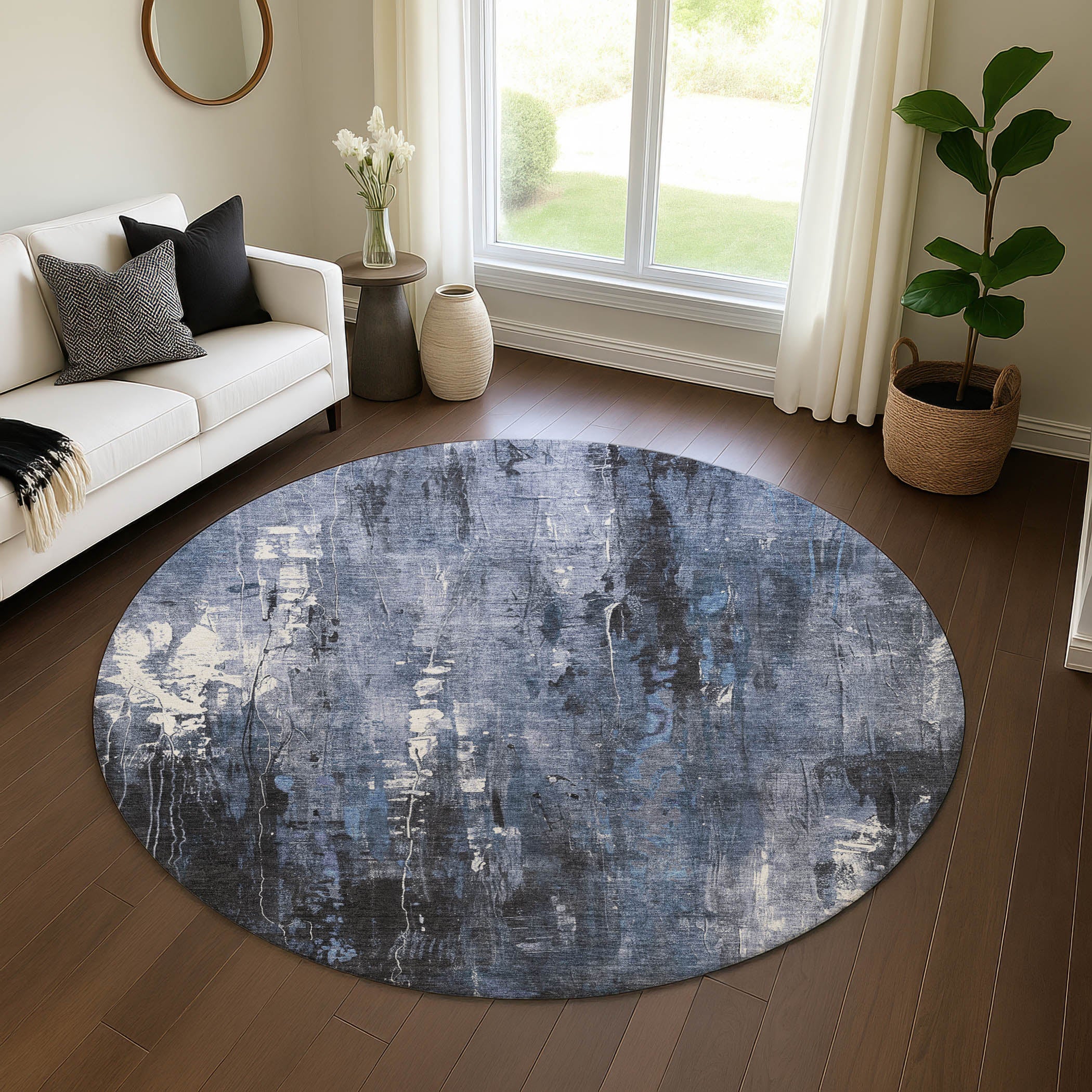 Mdina Machine Washable Transitional Blue Rug 8' x 8' #shape_Round