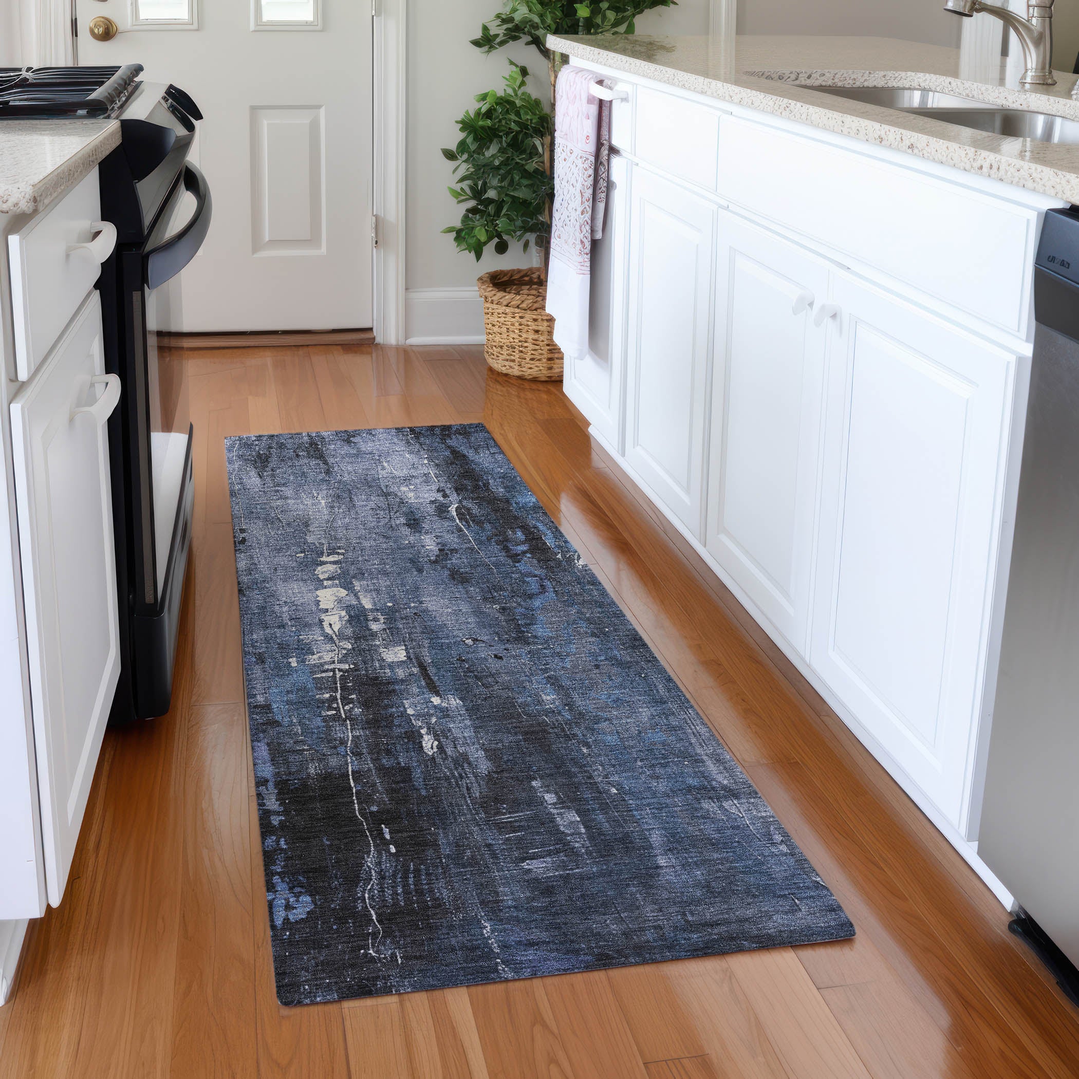 Mdina Machine Washable Transitional Blue Rug 2'3" x 7'6" #shape_Runner