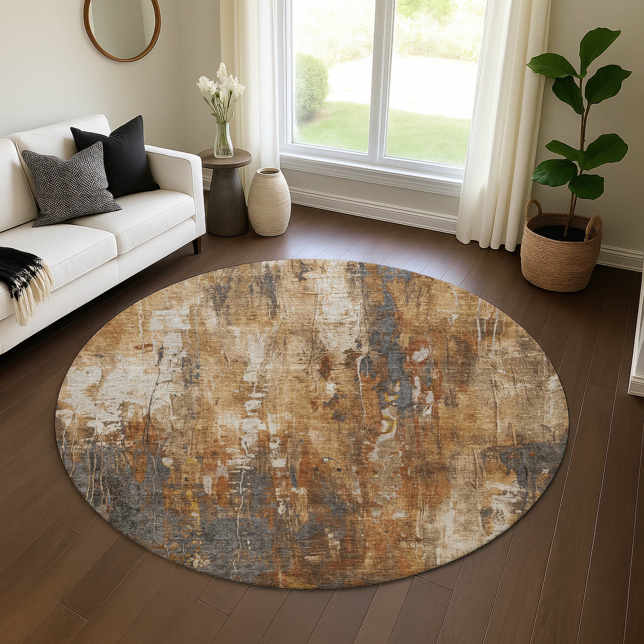 Mdina Machine Washable Transitional Rust Orange Rug 8' x 8' #shape_Round